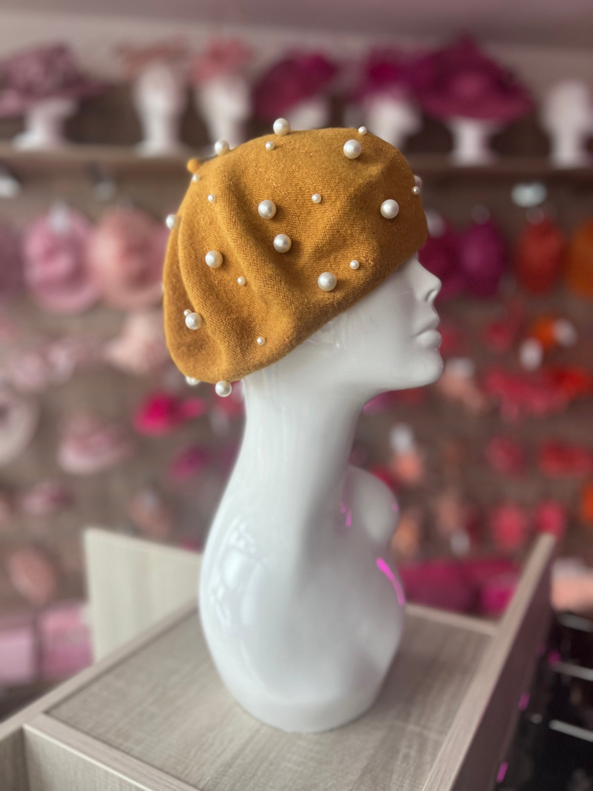 Mustard Pearl Embellished Beret Hat-Fascinators Direct
