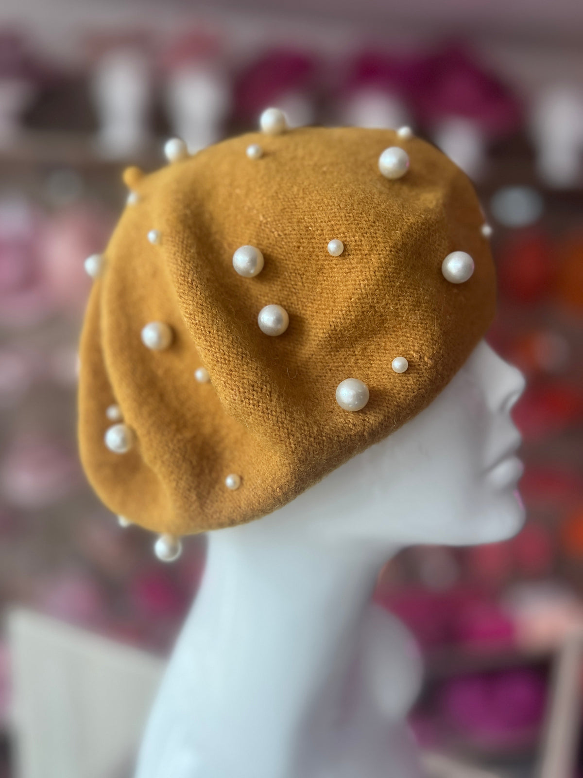 Mustard Pearl Embellished Beret Hat-Fascinators Direct
