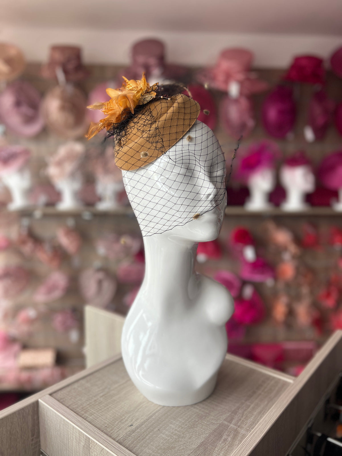 Mustard Pillbox Hat Fascinator With Flower &amp; Veil-Fascinators Direct