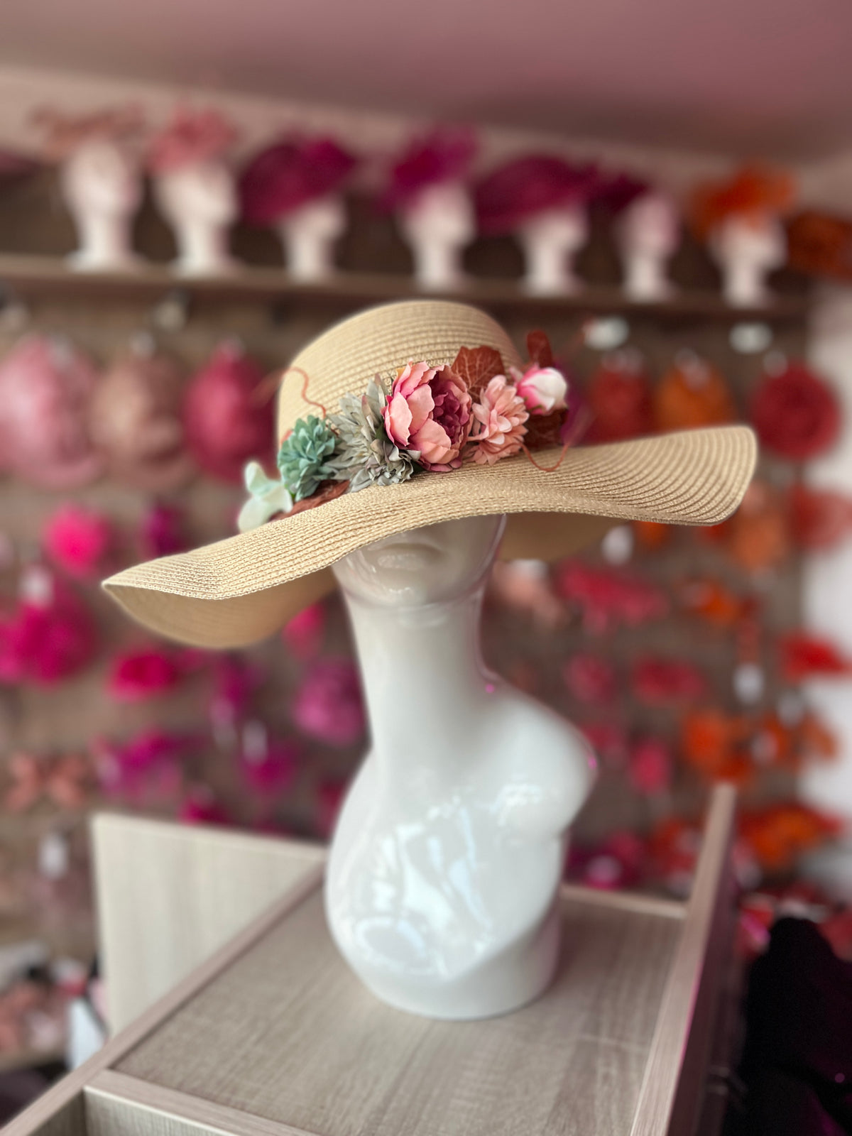 Natural Straw Sun Hat With Flowers &amp; Foliage-Fascinators Direct