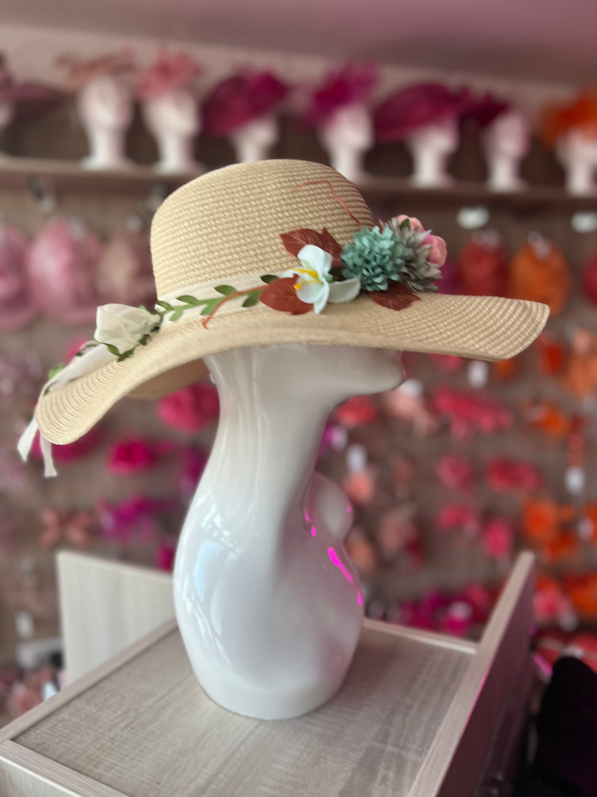 Natural Straw Sun Hat With Flowers &amp; Foliage-Fascinators Direct
