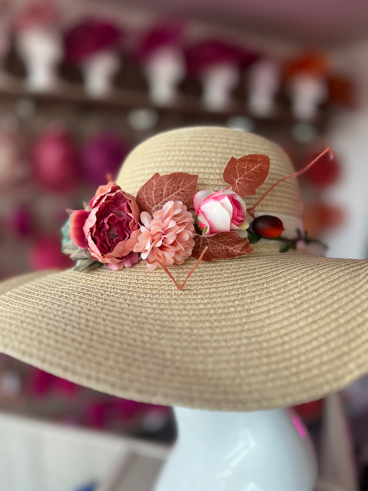 Natural Straw Sun Hat With Flowers &amp; Foliage-Fascinators Direct