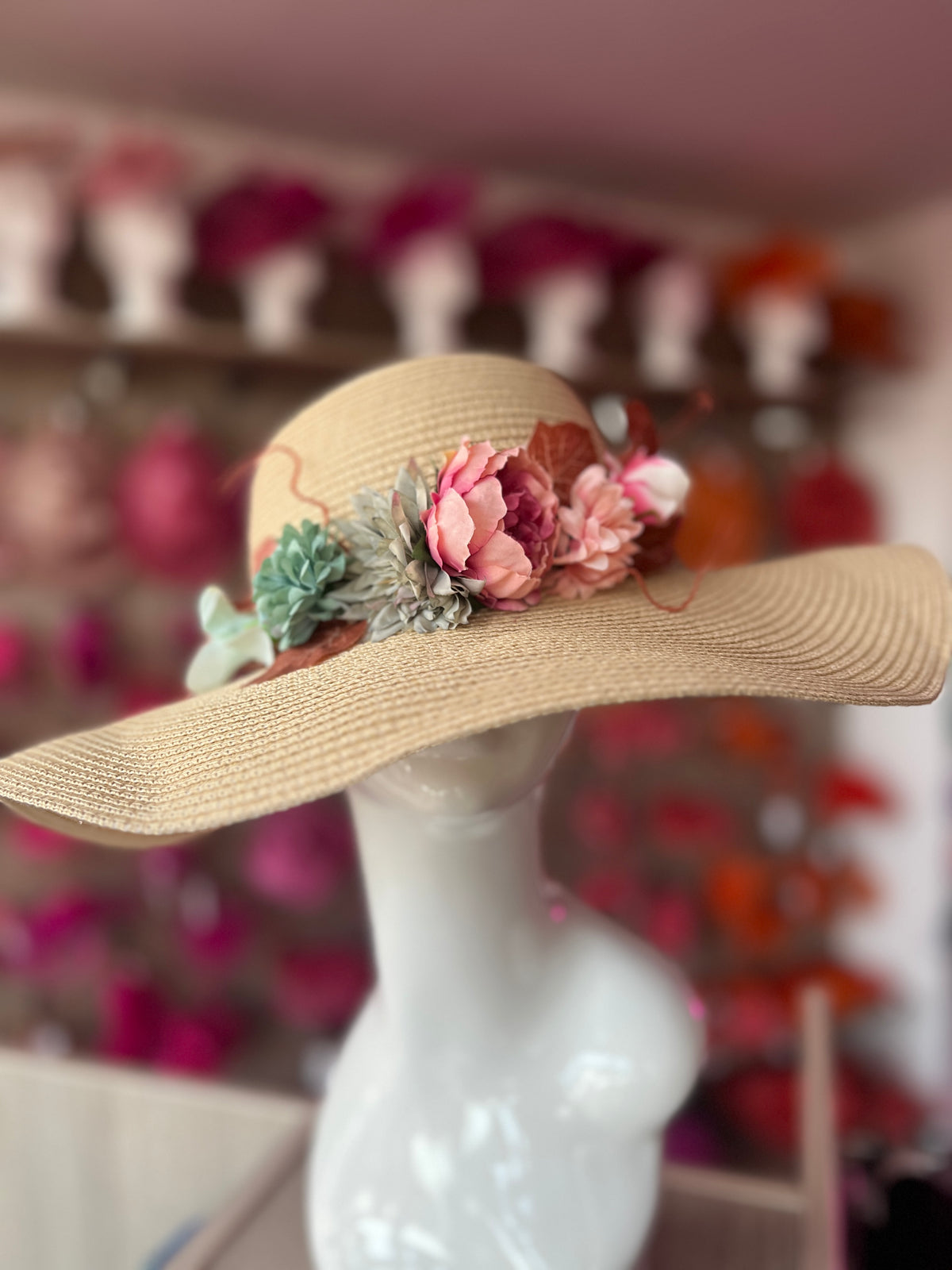 Natural Straw Sun Hat With Flowers &amp; Foliage-Fascinators Direct