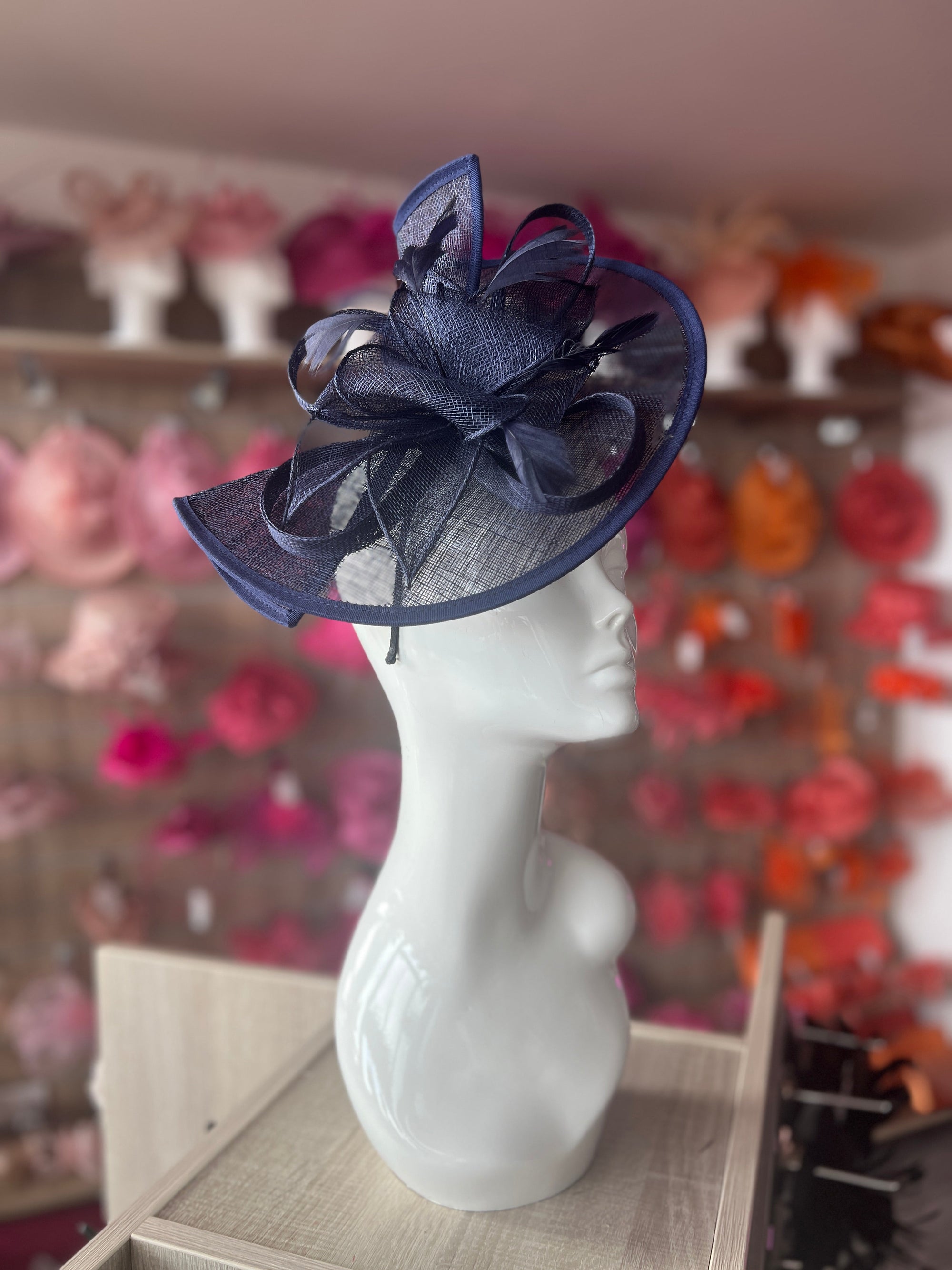 Navy Blue Asymmetric Disc Fascinator With Feathers-Fascinators Direct