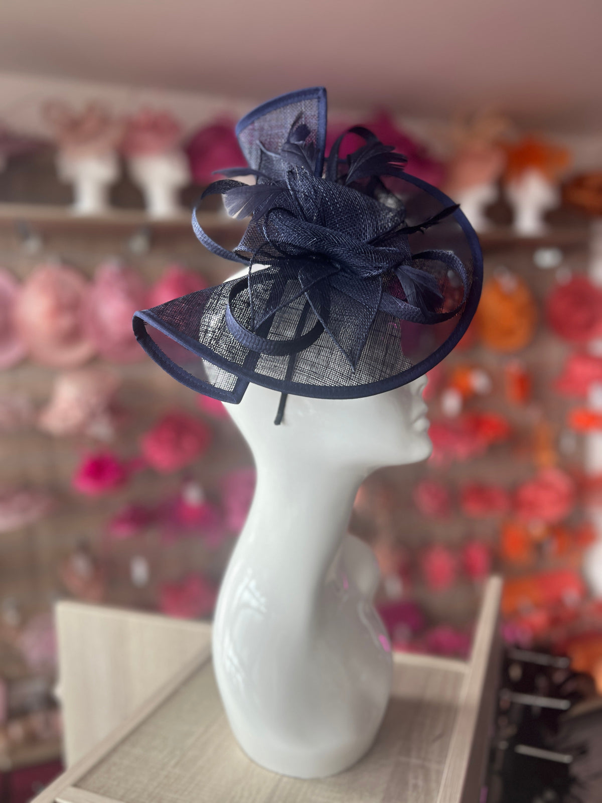 Navy Blue Asymmetric Disc Fascinator With Feathers-Fascinators Direct