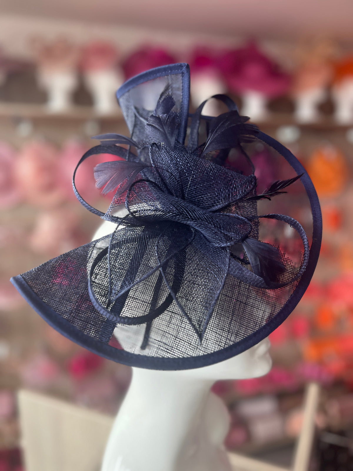 Navy Blue Asymmetric Disc Fascinator With Feathers-Fascinators Direct
