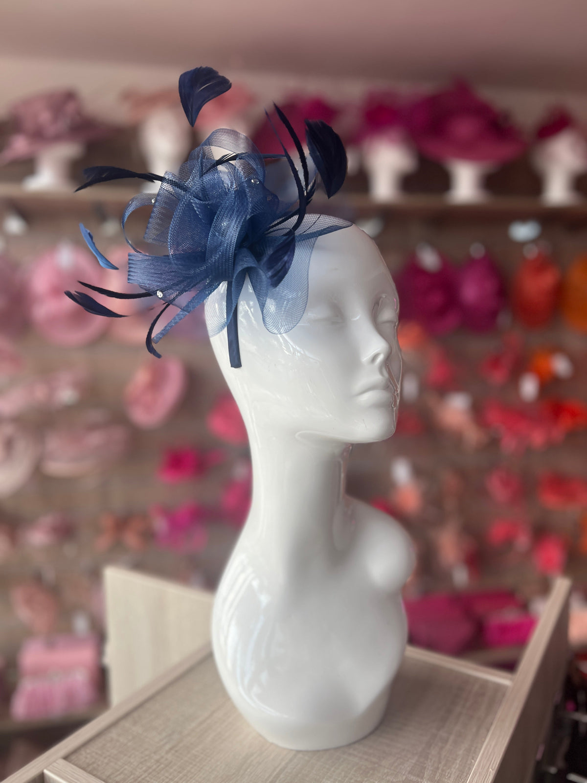 Navy Blue Diamante Flower Fascinator With Feathers-Fascinators Direct