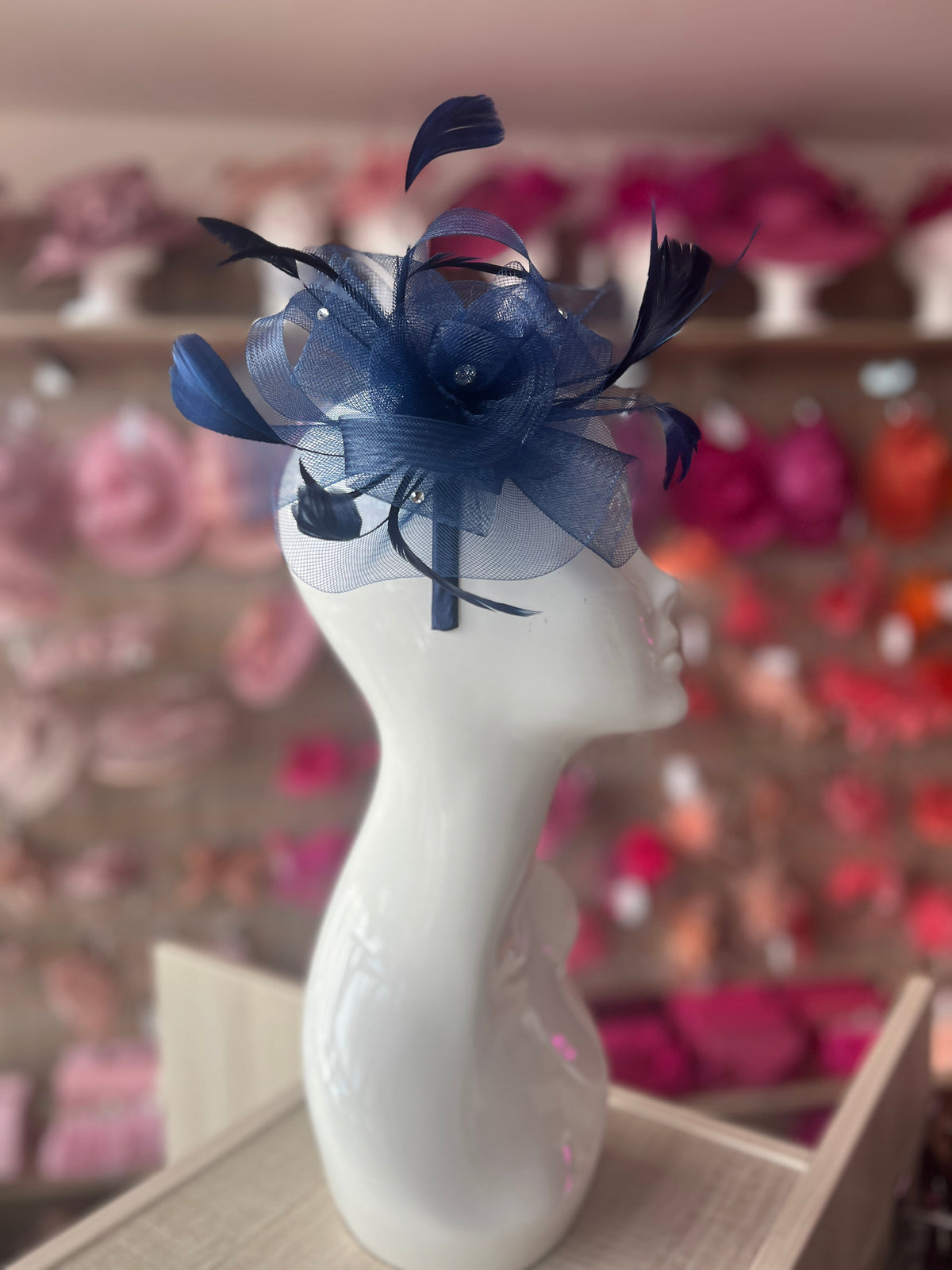 Navy Blue Diamante Flower Fascinator With Feathers-Fascinators Direct