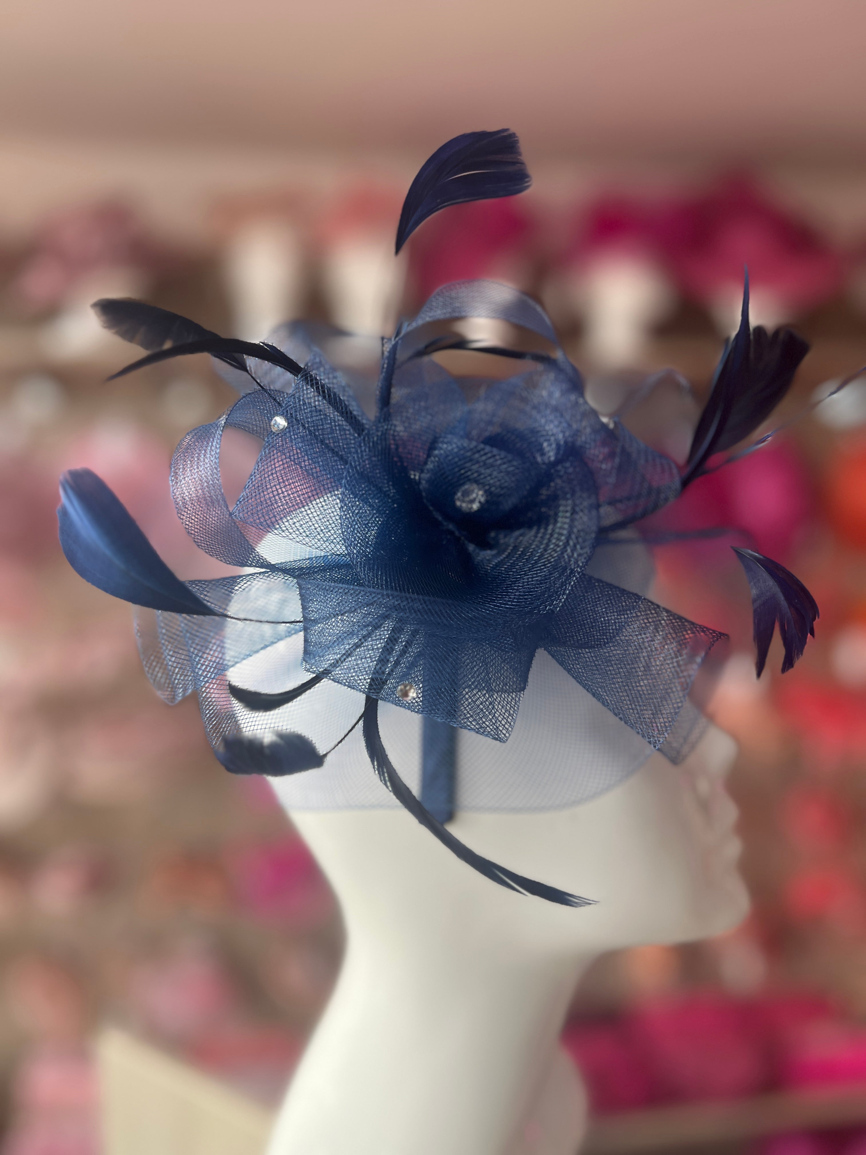 Navy Blue Diamante Flower Fascinator With Feathers