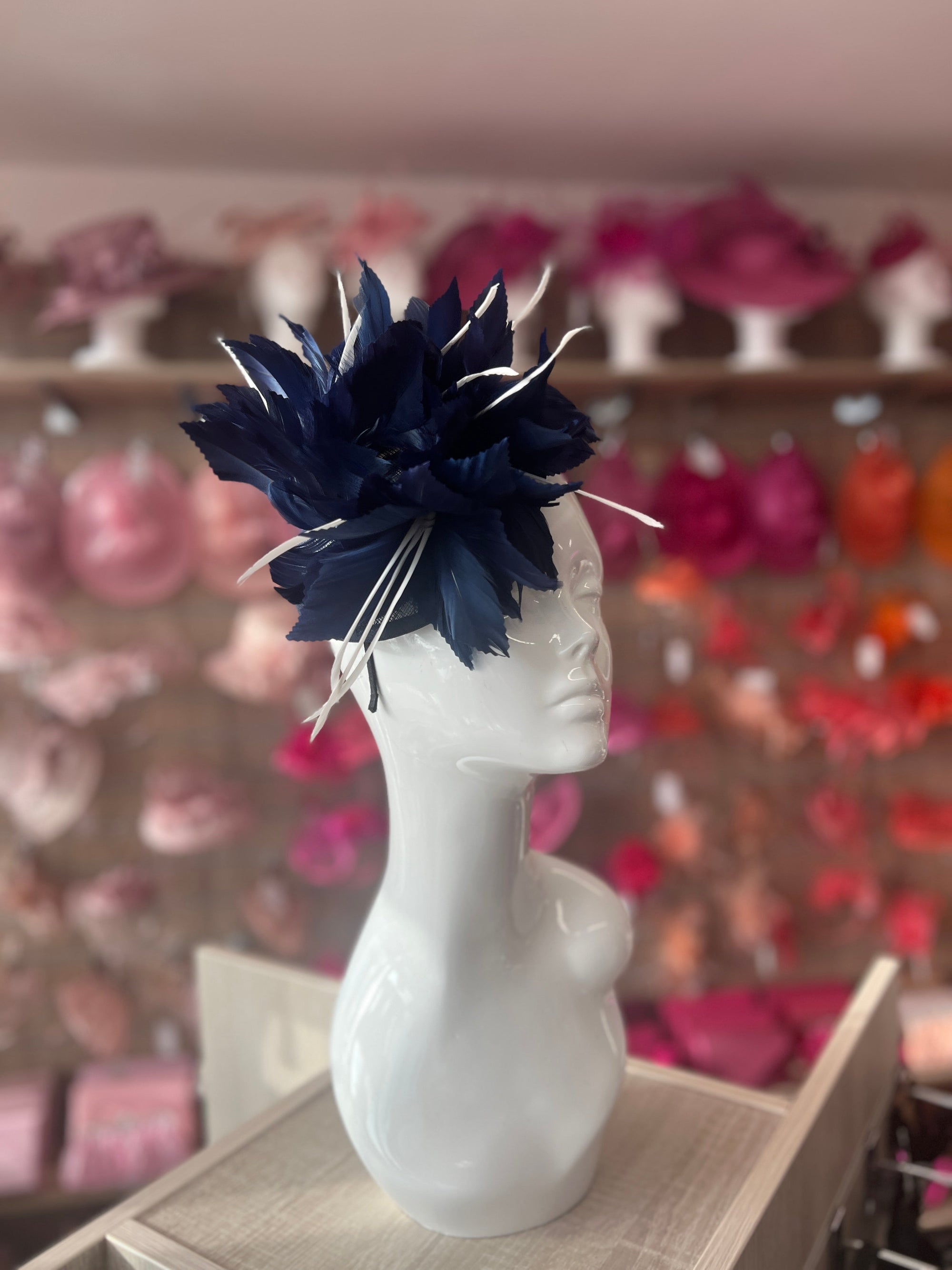 Navy Blue Disc Fascinator With Bendable Feather-Fascinators Direct