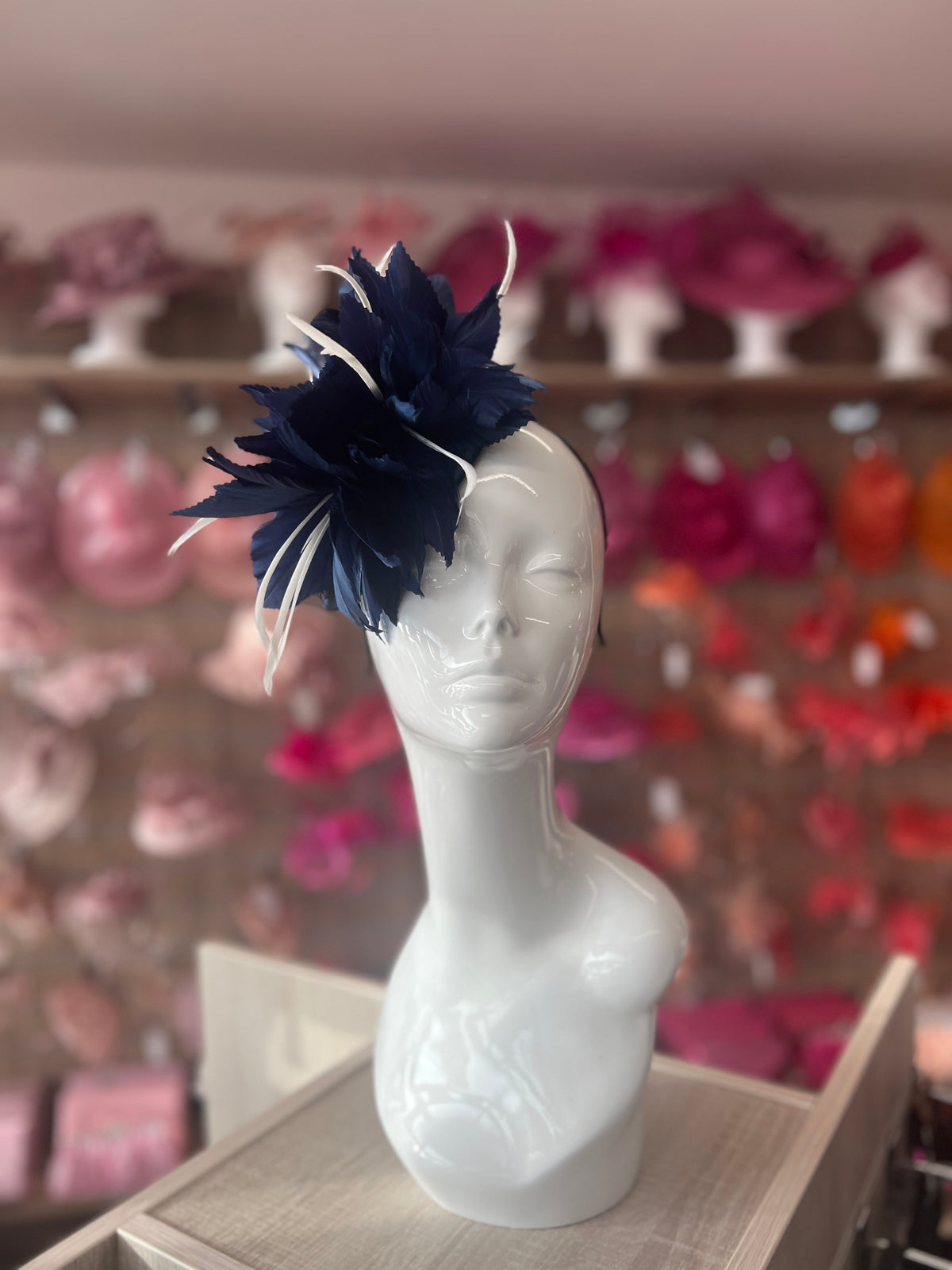 Navy Blue Disc Fascinator With Bendable Feather-Fascinators Direct