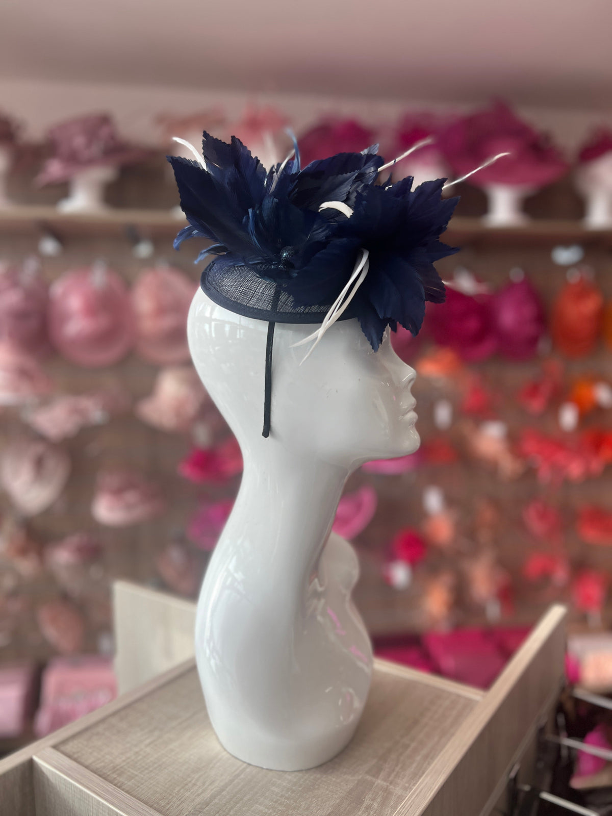 Navy Blue Disc Fascinator With Bendable Feather-Fascinators Direct