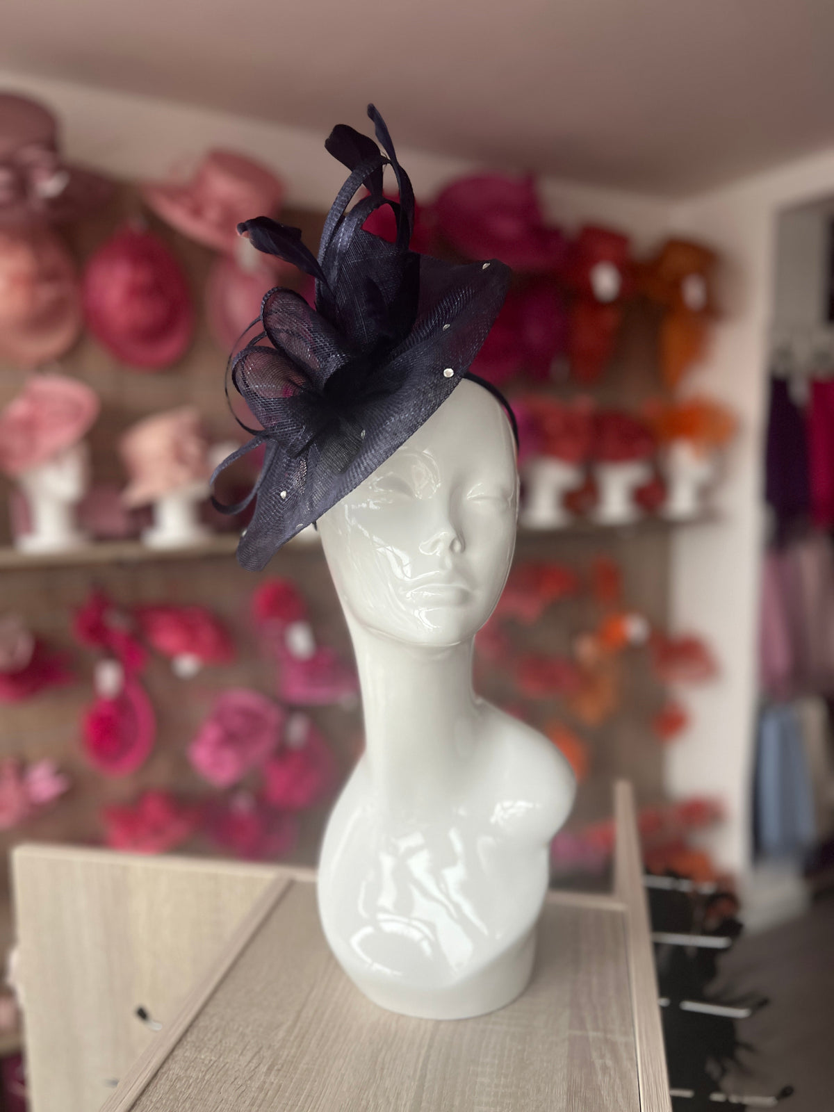 Navy Blue Fascinator With Diamanté Oval Base-Fascinators Direct