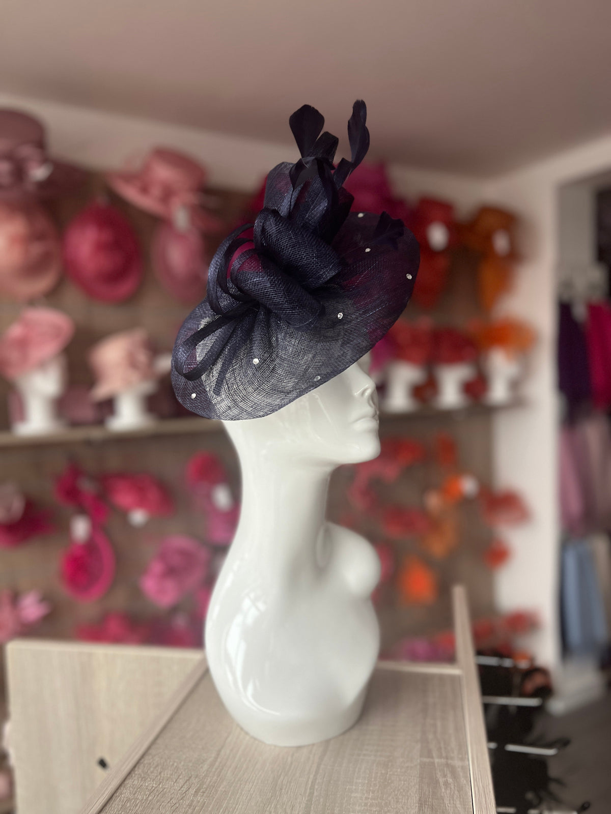 Navy Blue Fascinator With Diamanté Oval Base-Fascinators Direct
