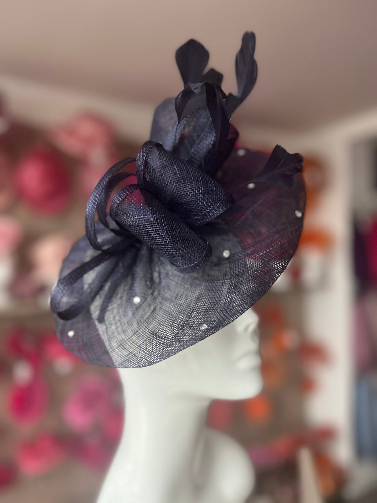 Navy Blue Fascinator With Diamanté Oval Base-Fascinators Direct