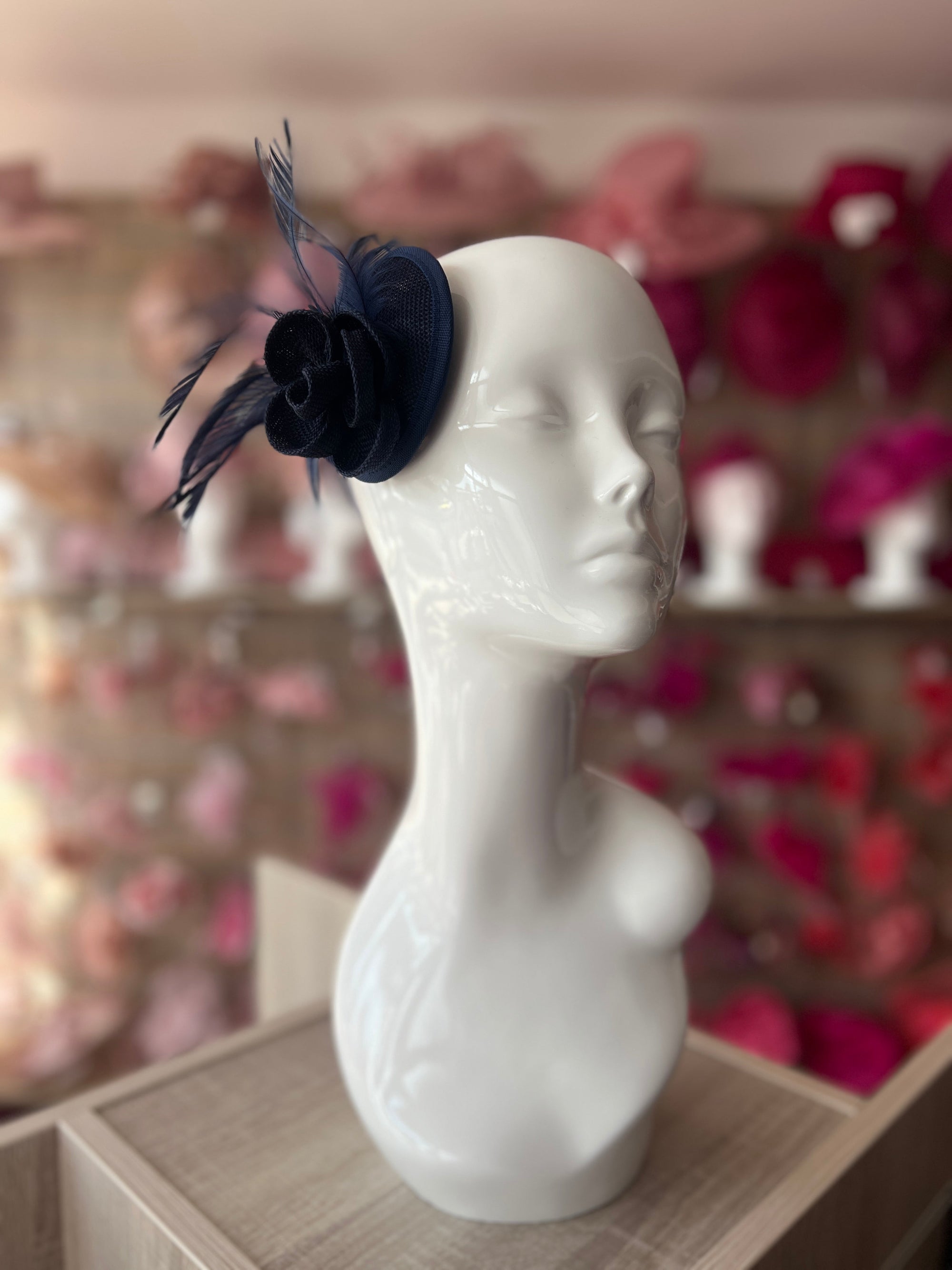 Navy Blue Fascinator with Lily Flower & Feathers-Fascinators Direct