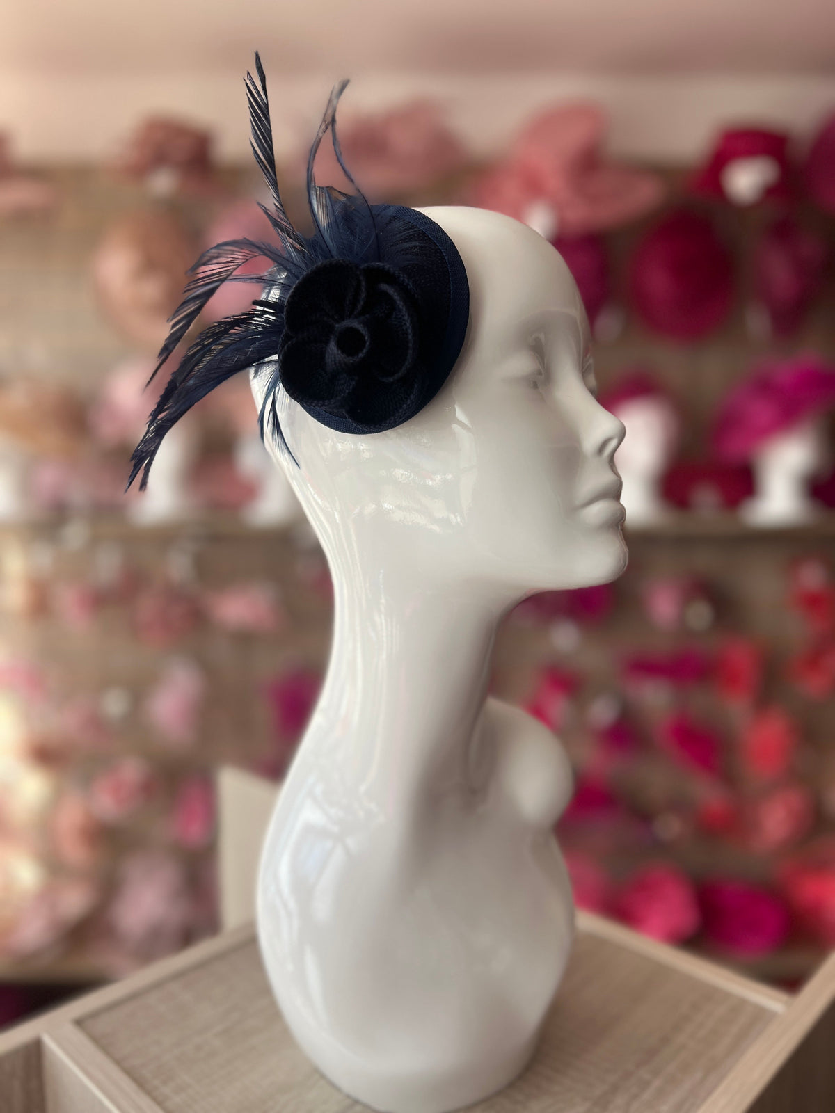 Navy Blue Fascinator with Lily Flower &amp; Feathers-Fascinators Direct