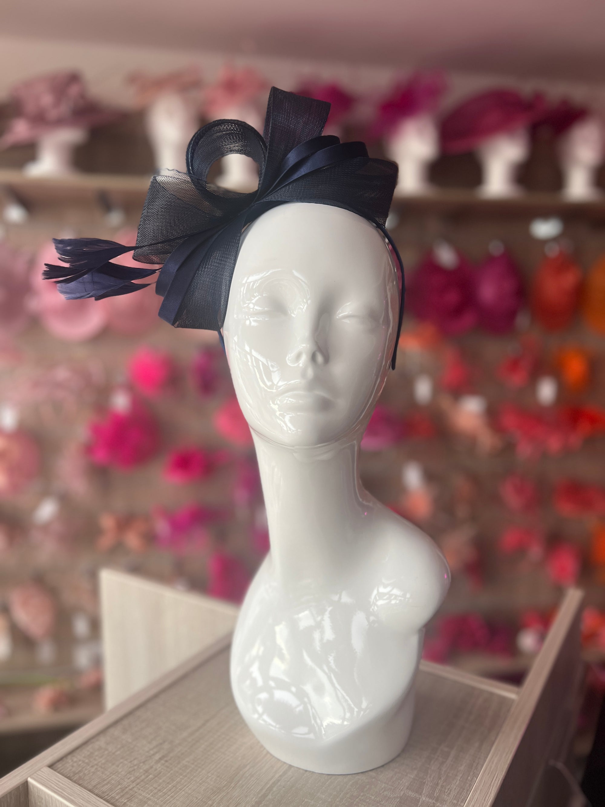 Navy Blue Large Loop Crinoline & Satin Headband Fascinator-Fascinators Direct