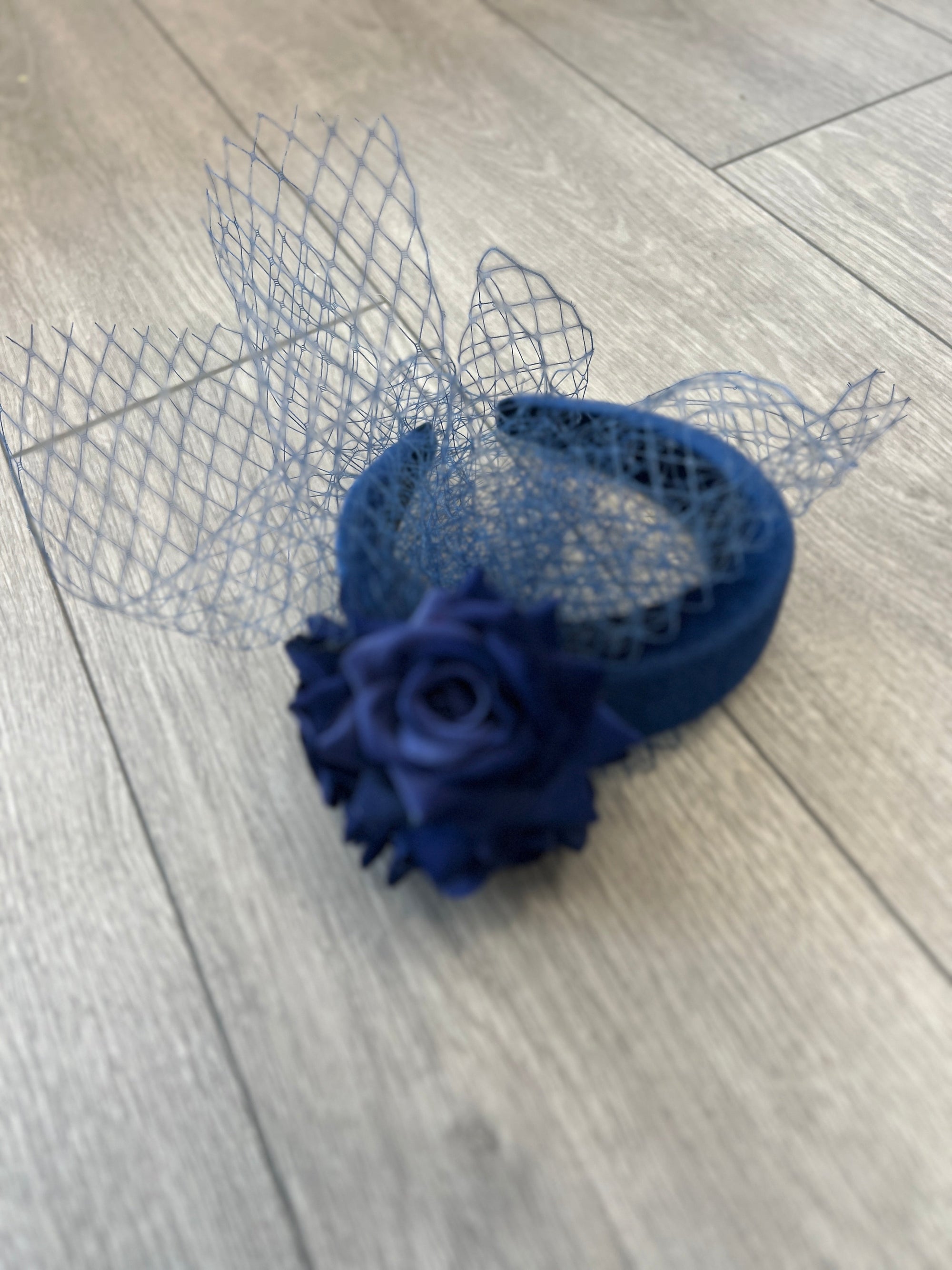 Navy Blue Rose & Netting Chunky Headband Fascinator-Fascinators Direct