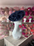 Navy Blue Saucer Hatinator with Ruched Sinamay, Flowers & Feathers-Fascinators Direct