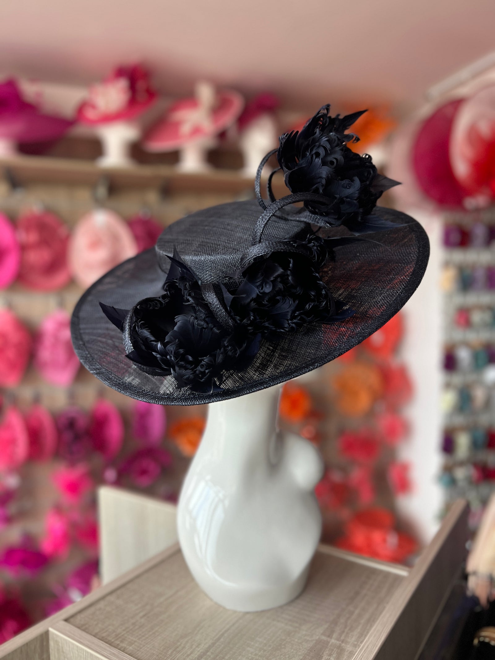 Navy Boater Style Hat With Goblet Feather Flowers-Fascinators Direct