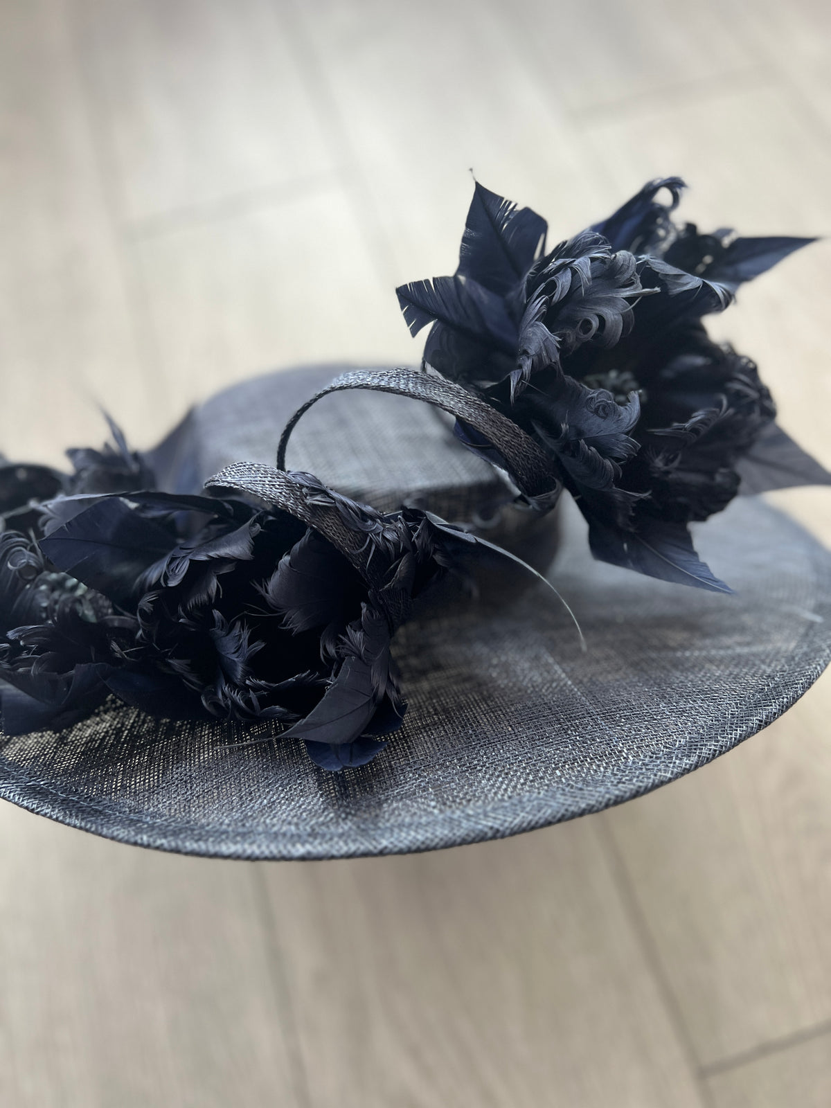 Navy Boater Style Hat With Goblet Feather Flowers-Fascinators Direct
