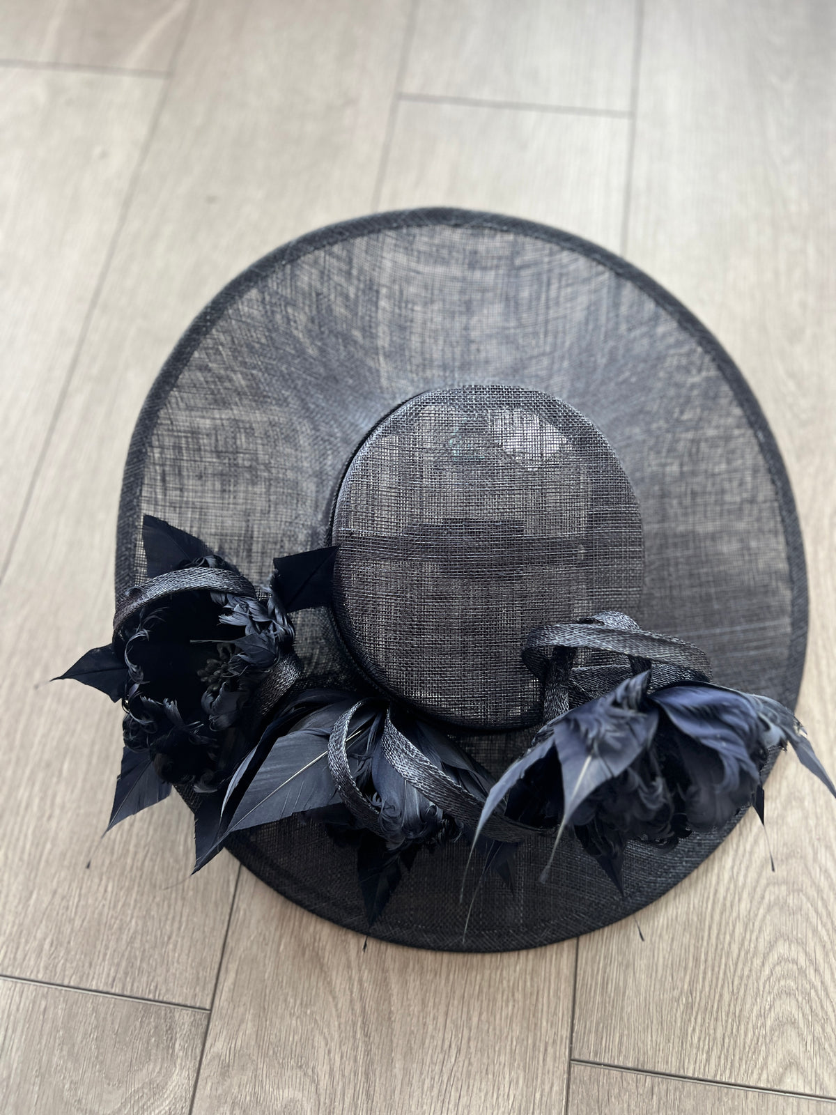 Navy Boater Style Hat With Goblet Feather Flowers-Fascinators Direct