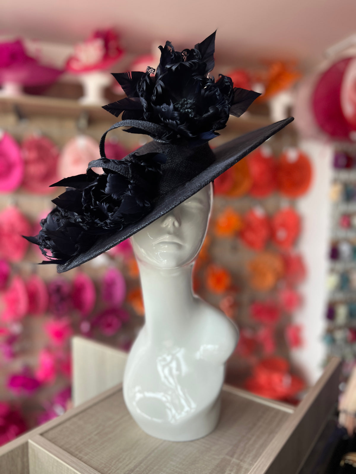 Navy Boater Style Hat With Goblet Feather Flowers-Fascinators Direct