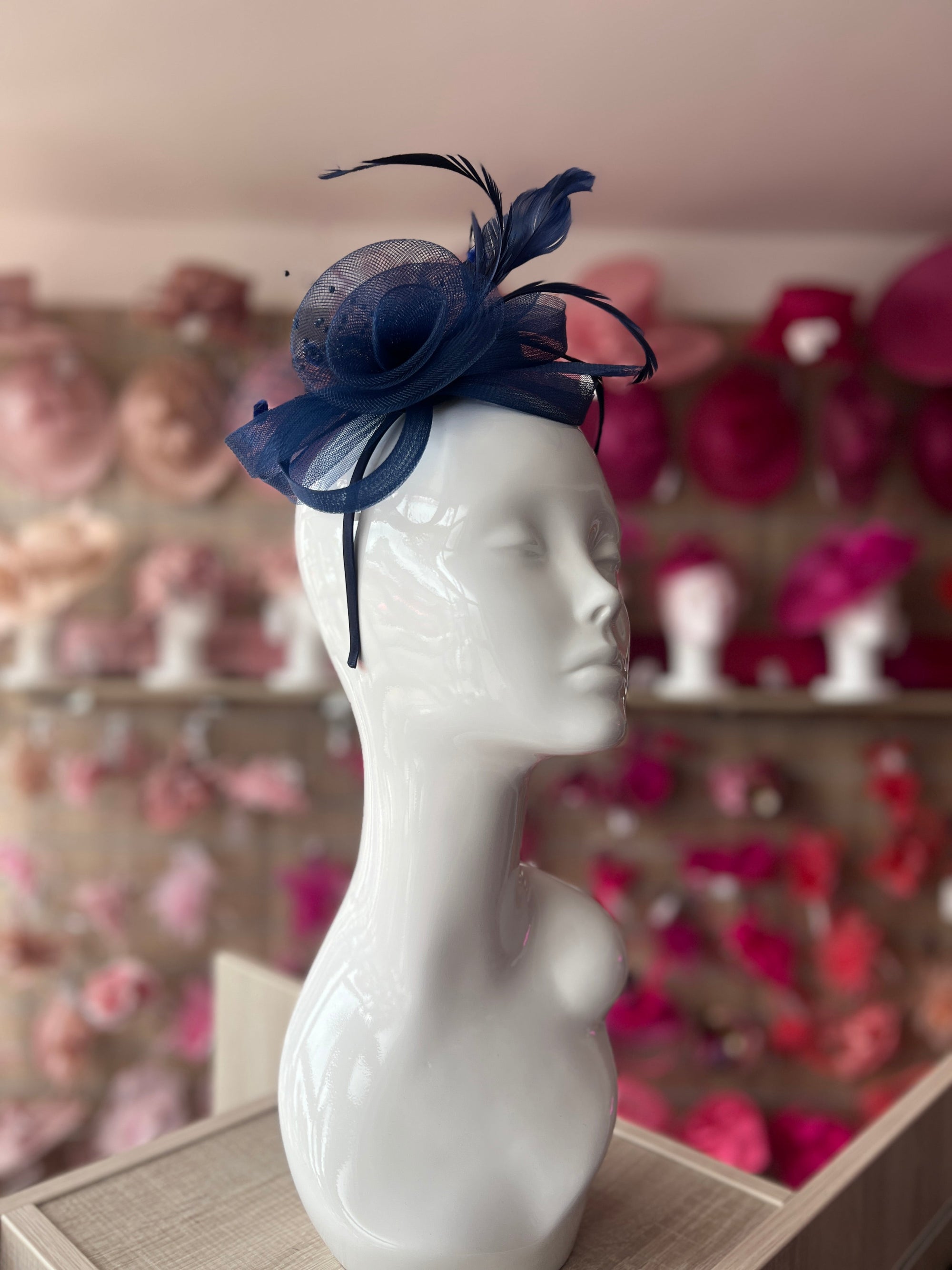 Navy Crinoline Fascinator with Beads, Loops & Netting-Fascinators Direct