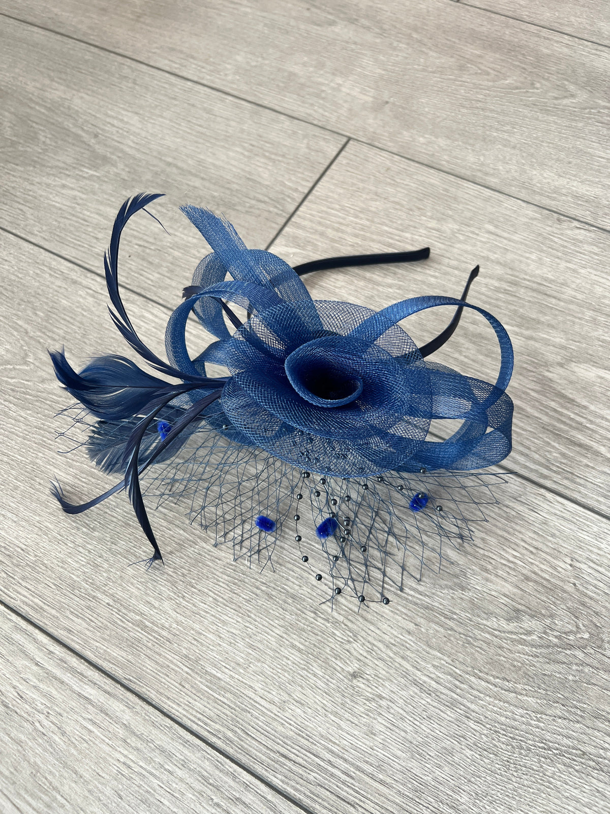 Navy Crinoline Fascinator with Beads, Loops &amp; Netting-Fascinators Direct