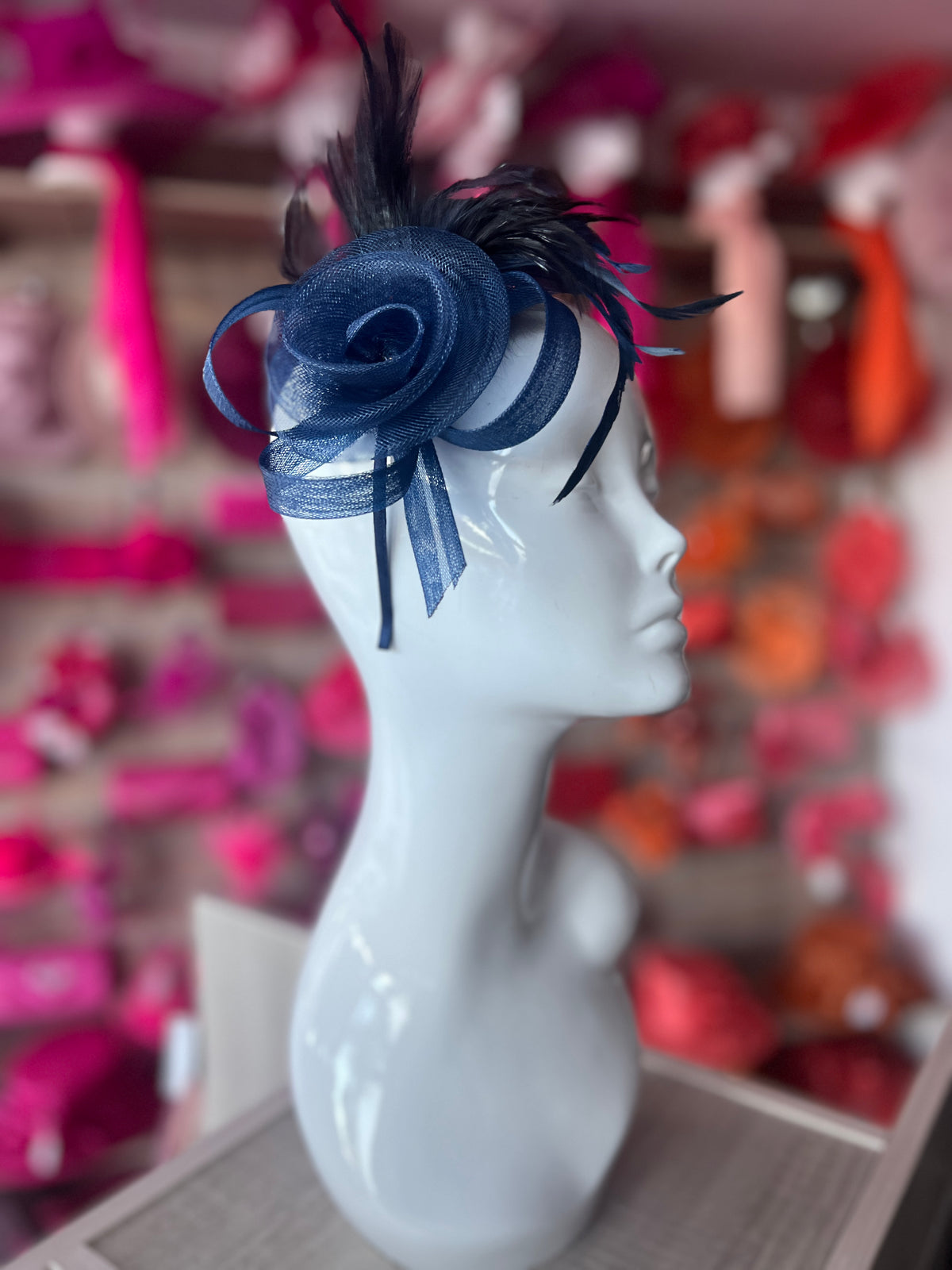 Navy Crinoline Fascinator with Swirl &amp; Feathers-Fascinators Direct