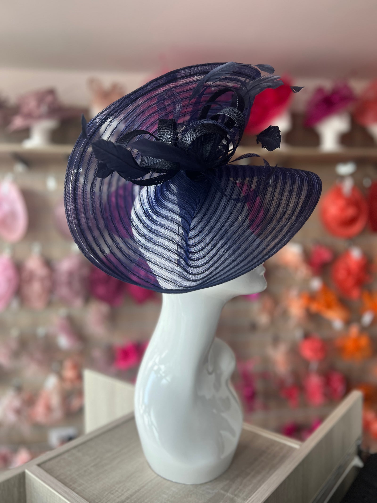 Navy Crinoline Hatinator with Loops & Feathers-Fascinators Direct