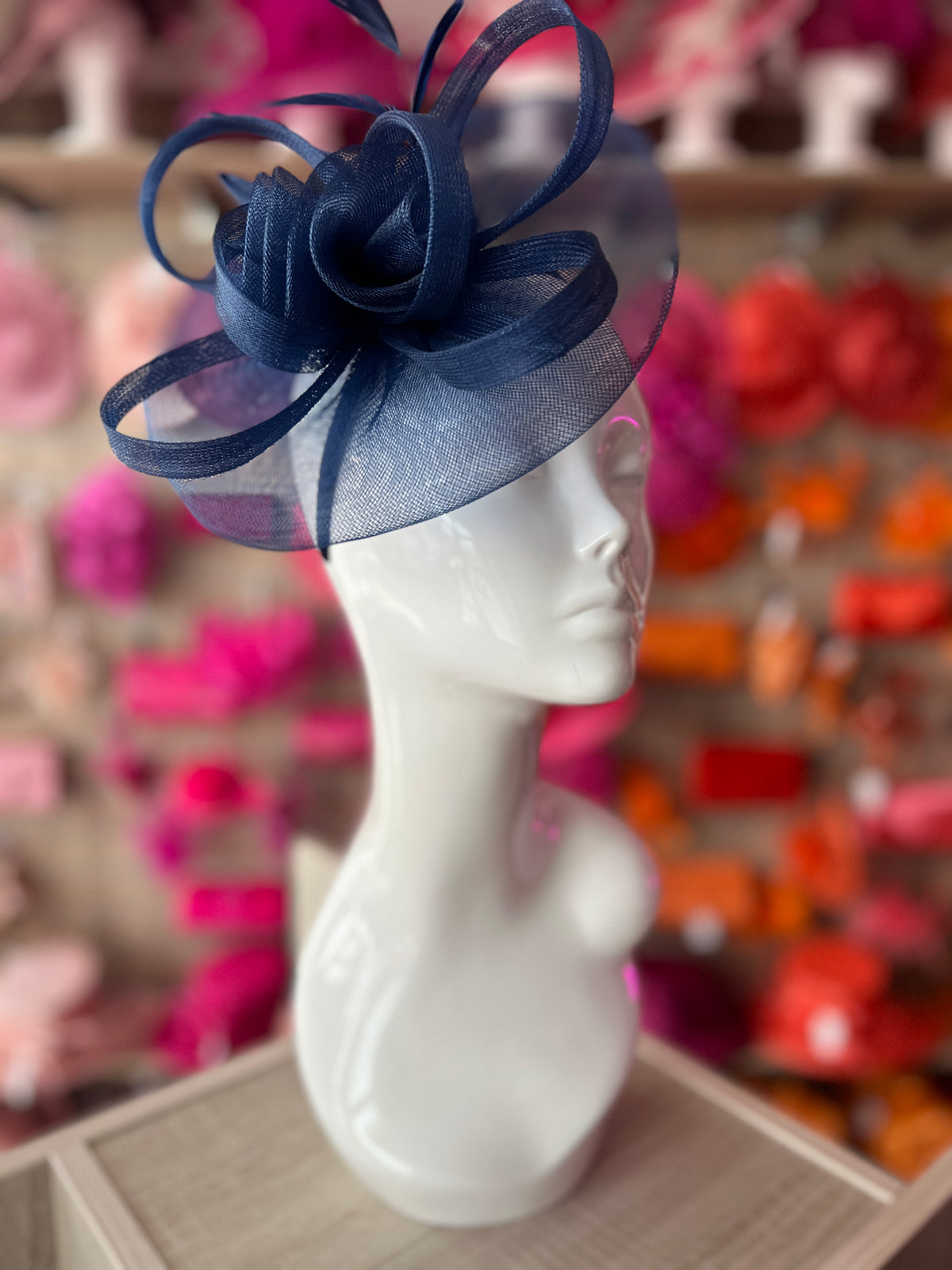 Navy Crinoline Saucer Fascinator With Loops &amp; Feathers-Fascinators Direct