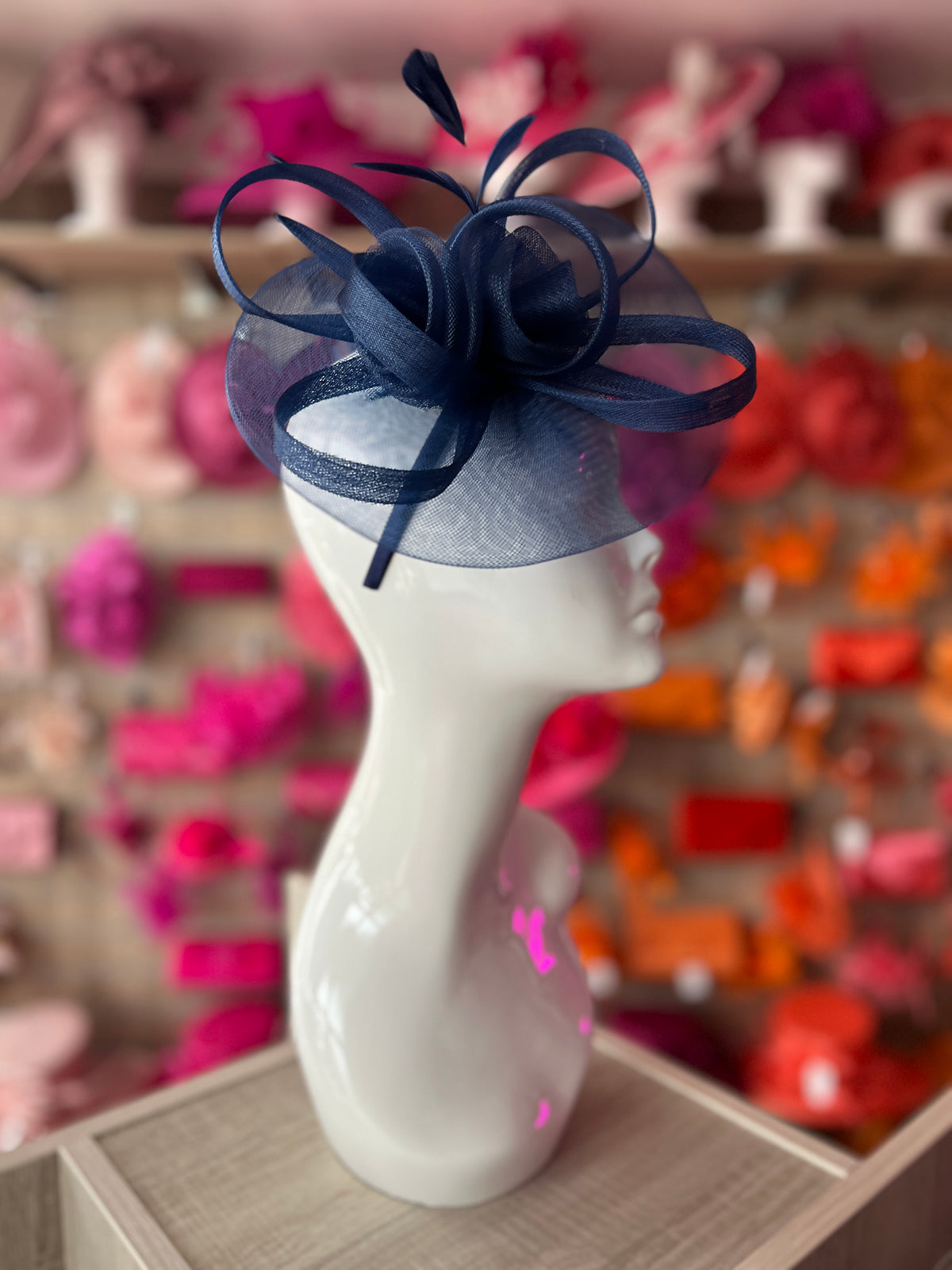 Navy Crinoline Saucer Fascinator With Loops &amp; Feathers-Fascinators Direct