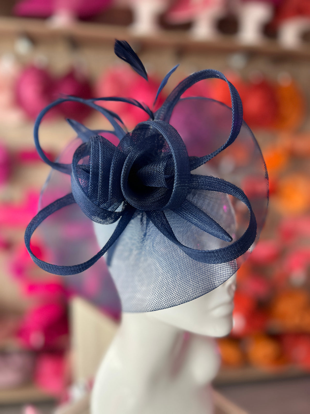Navy Crinoline Saucer Fascinator With Loops &amp; Feathers-Fascinators Direct