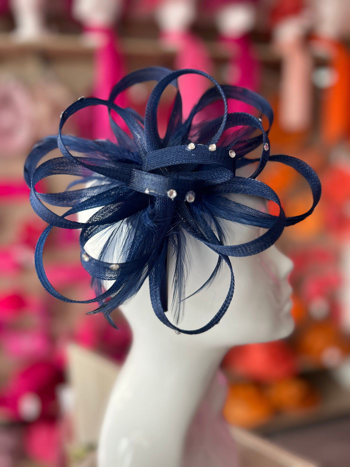 Navy Diamante Fascinator With Loops &amp; Wispy Feathers-Fascinators Direct
