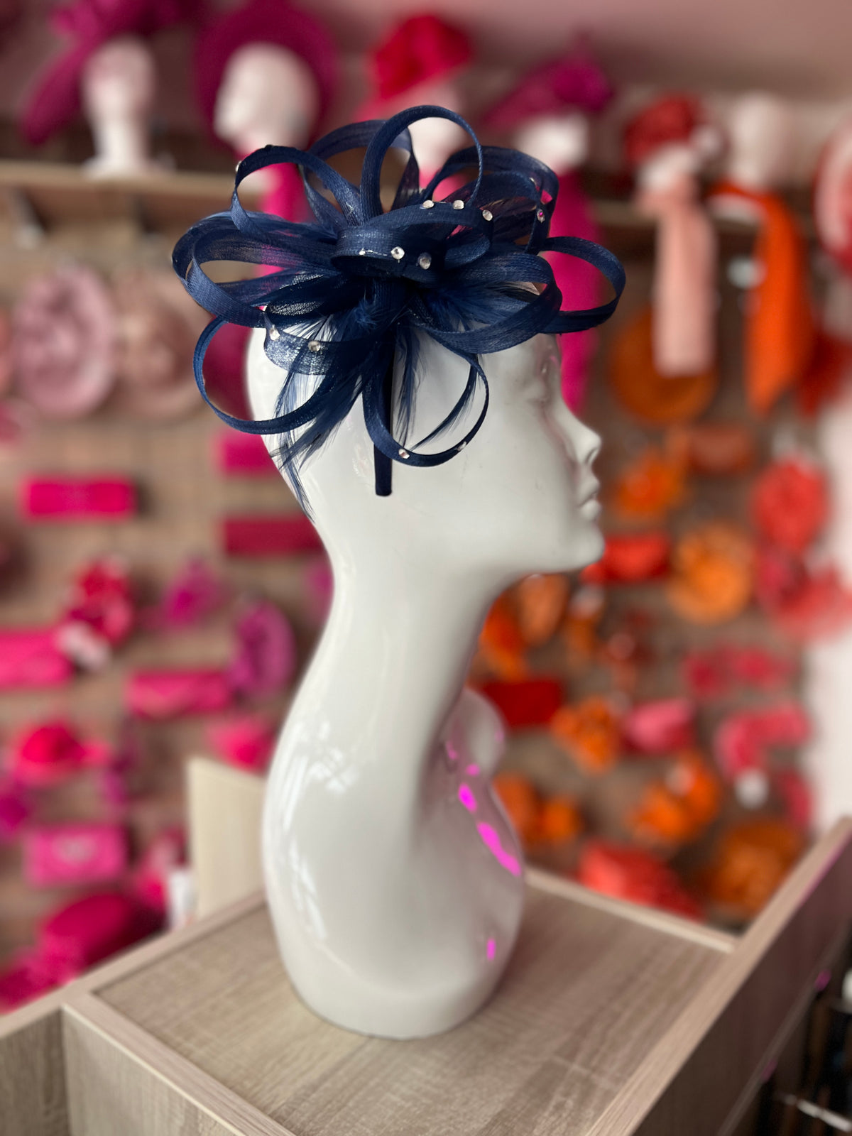Navy Diamante Fascinator With Loops &amp; Wispy Feathers-Fascinators Direct