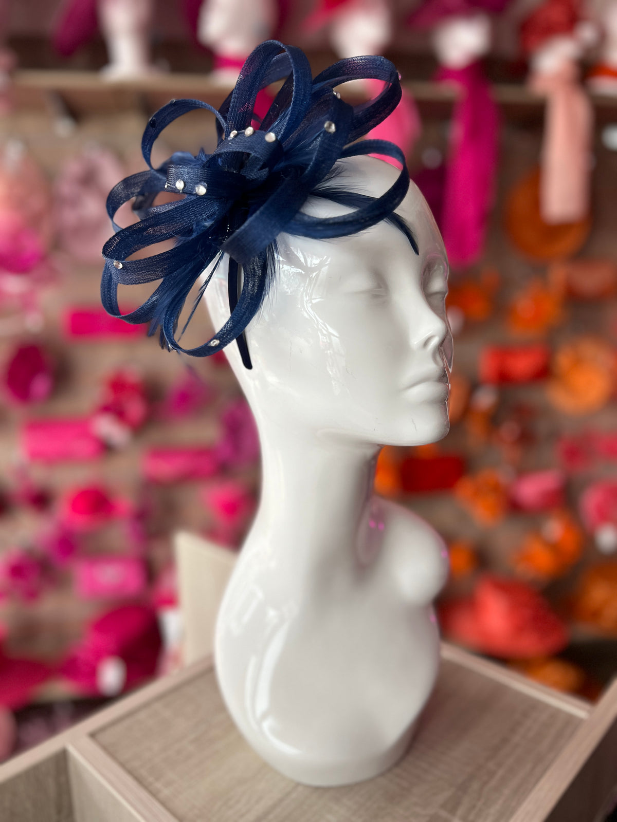 Navy Diamante Fascinator With Loops &amp; Wispy Feathers-Fascinators Direct