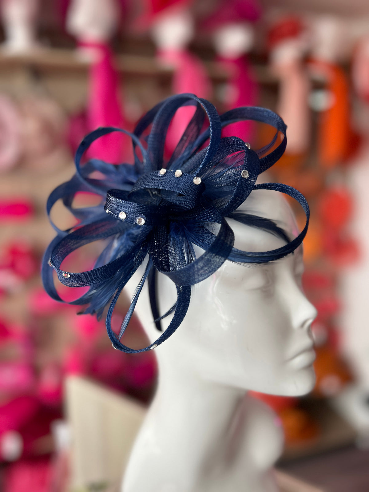 Navy Diamante Fascinator With Loops &amp; Wispy Feathers-Fascinators Direct