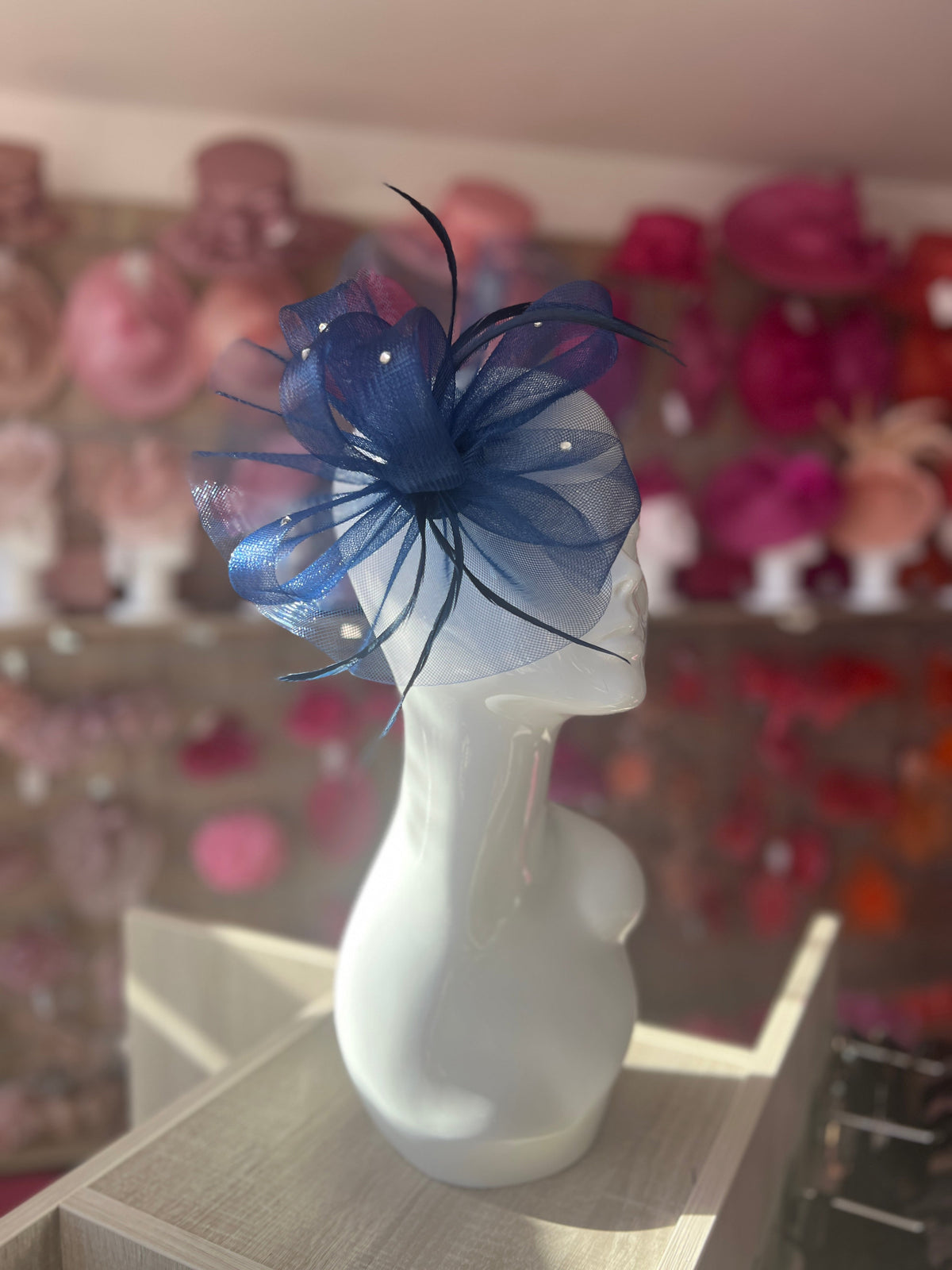 Navy Diamante Fascinator With Ruched Crinoline &amp; Feathers-Fascinators Direct