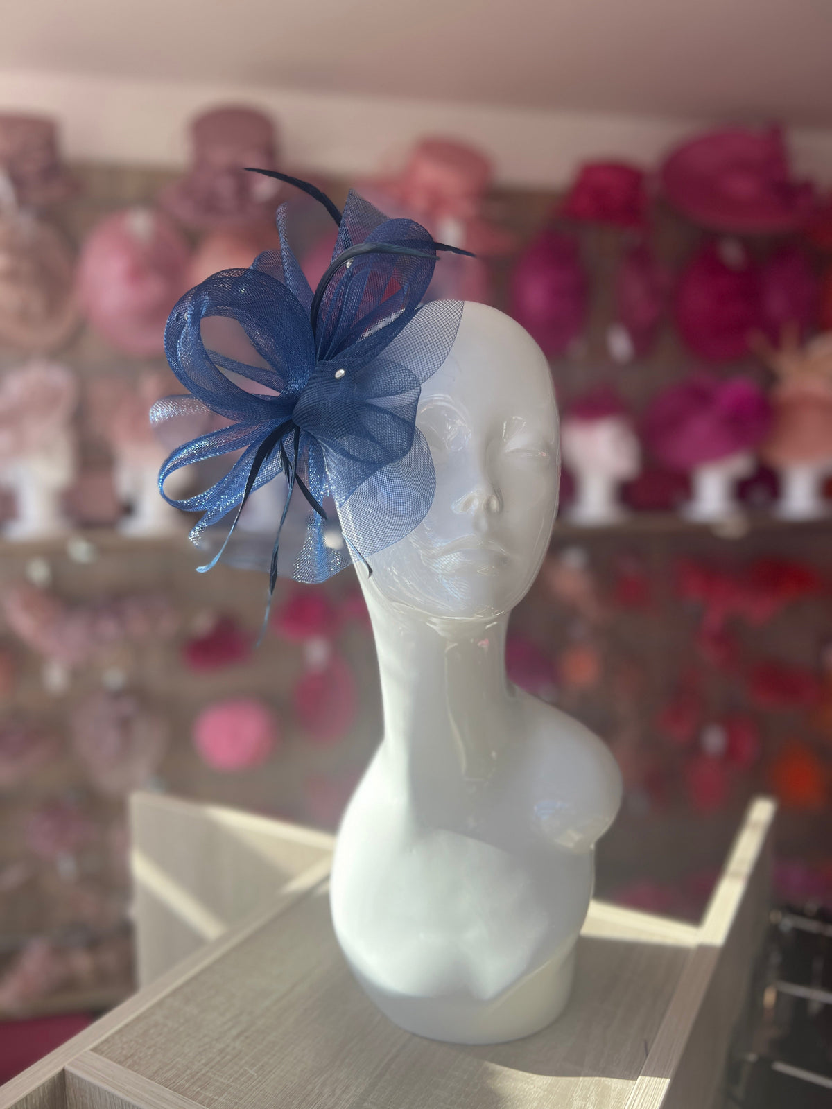 Navy Diamante Fascinator With Ruched Crinoline &amp; Feathers-Fascinators Direct