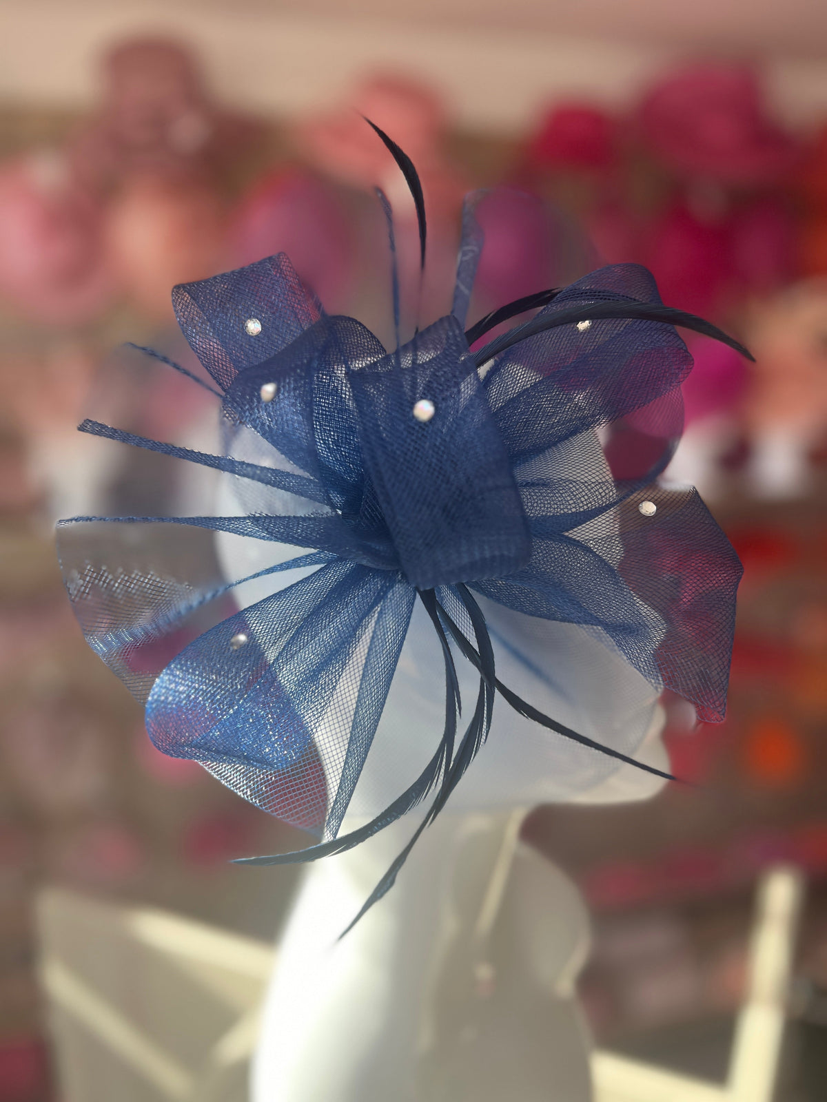 Navy Diamante Fascinator With Ruched Crinoline &amp; Feathers-Fascinators Direct