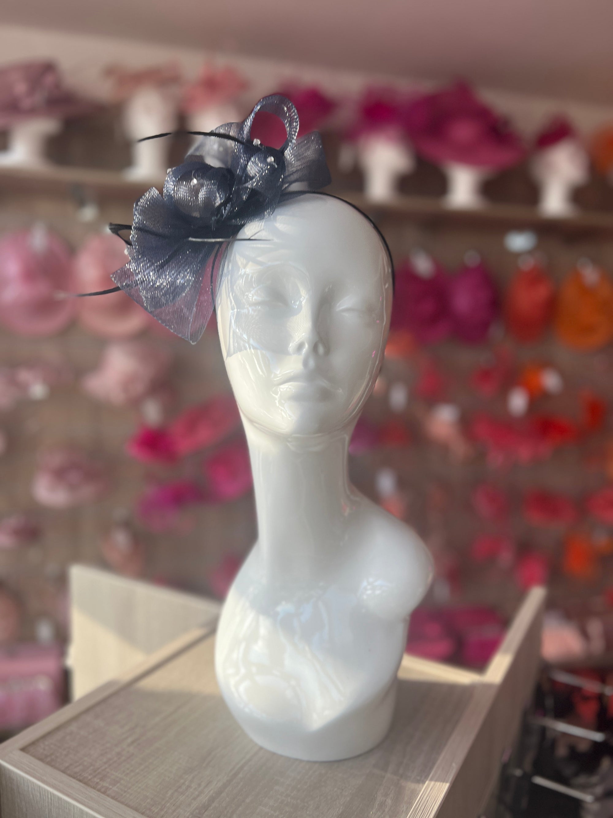 Navy Diamanté Loop Bow Fascinator-Fascinators Direct