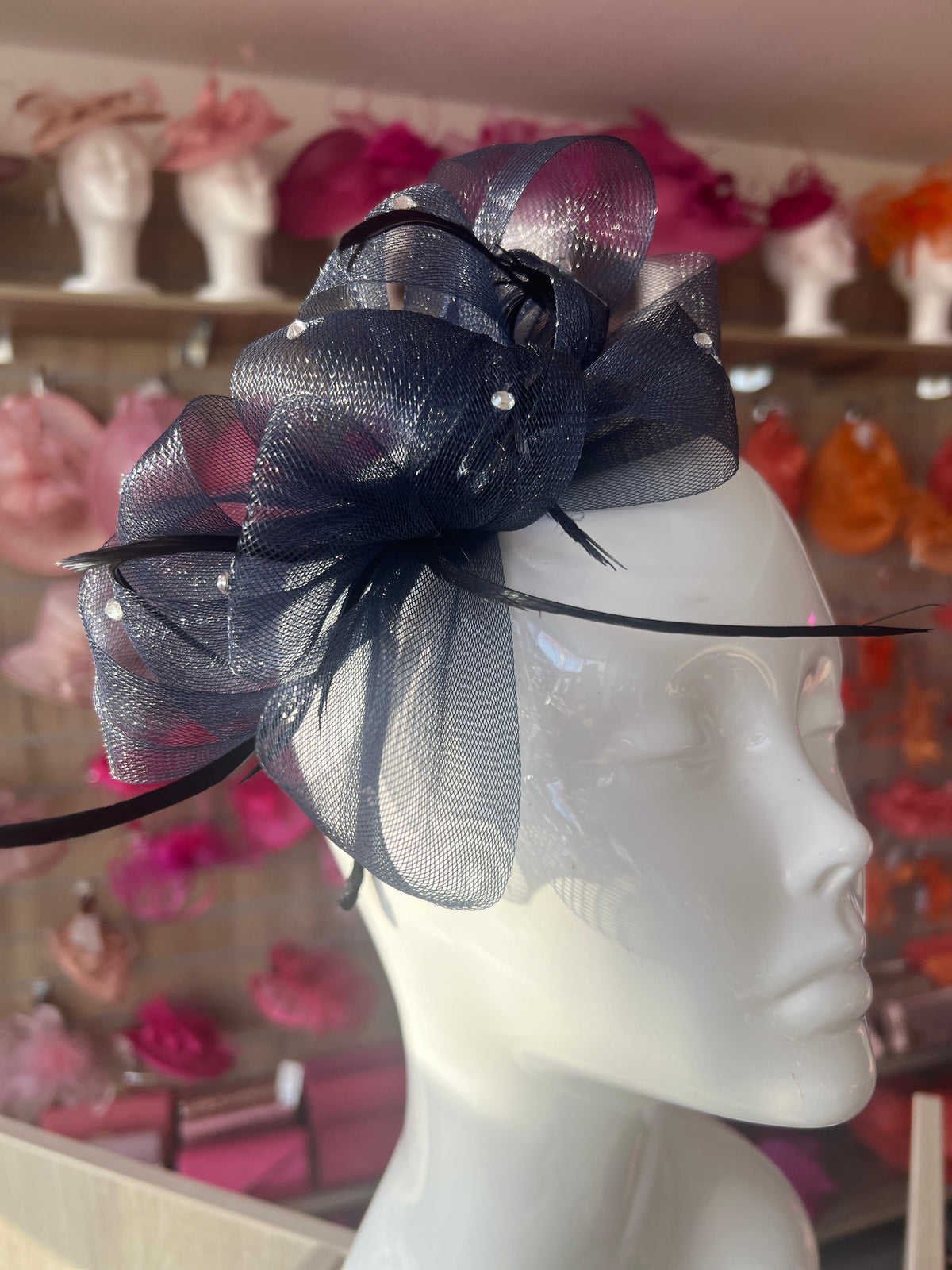 Navy Diamanté Loop Bow Fascinator-Fascinators Direct