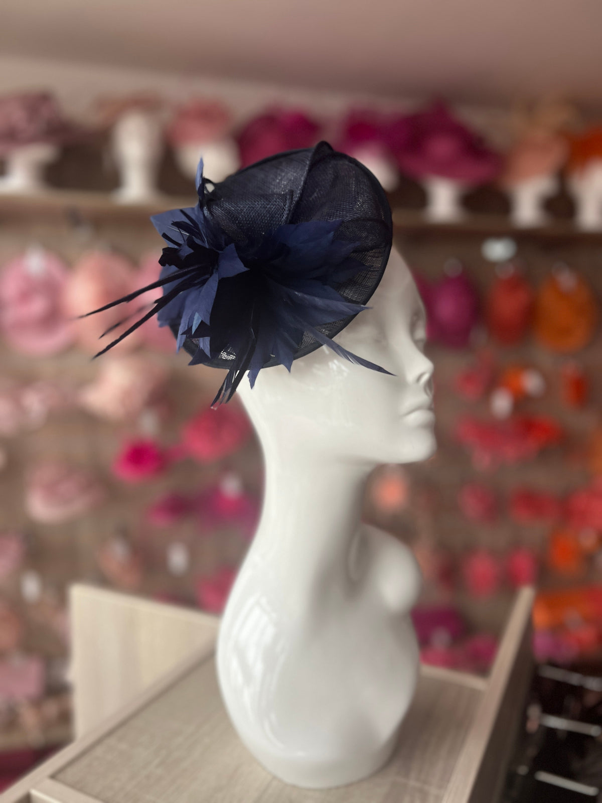 Navy Disc Fascinator With Sinamay Bow &amp; Feather Flowers-Fascinators Direct
