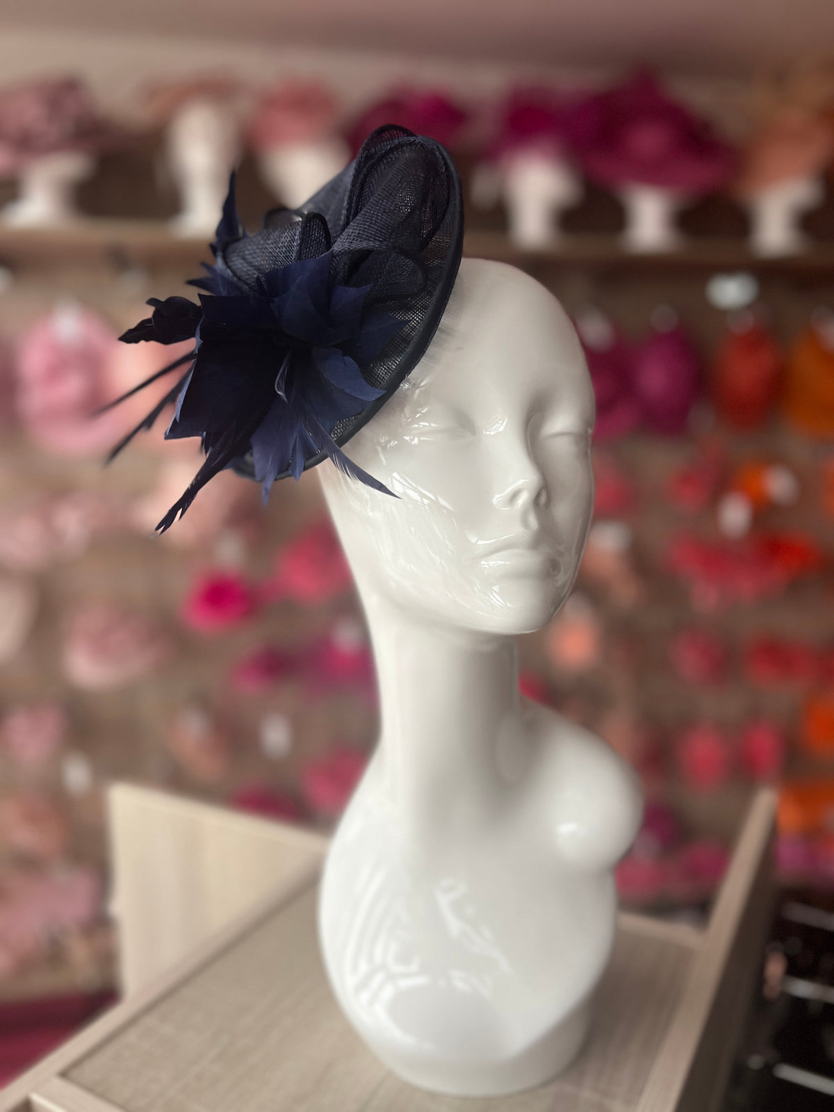 Navy Disc Fascinator With Sinamay Bow &amp; Feather Flowers-Fascinators Direct