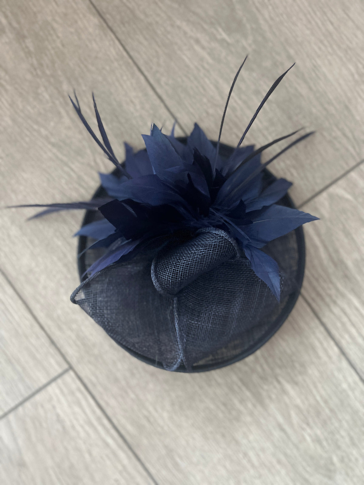 Navy Disc Fascinator With Sinamay Bow &amp; Feather Flowers-Fascinators Direct