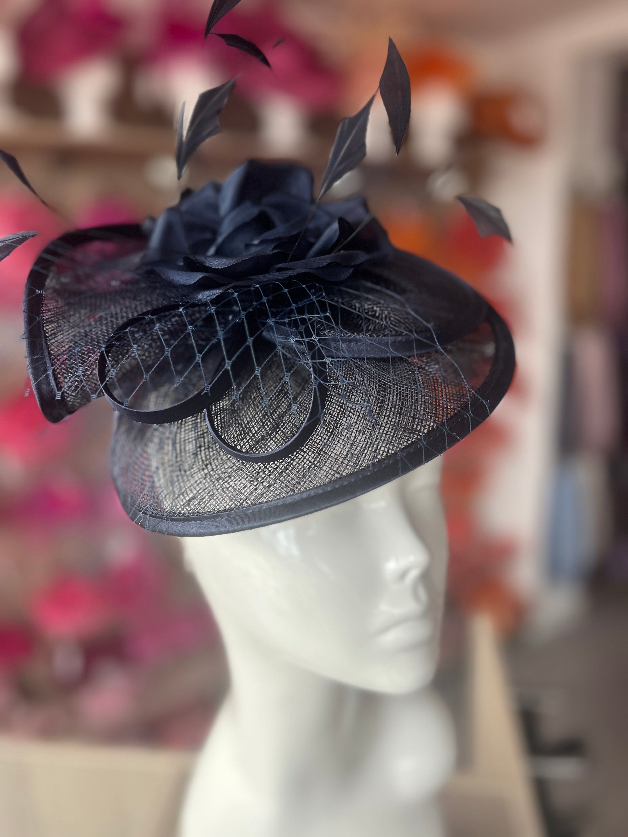 Navy Disc Fascinator with Fabric Rose & Netting-Fascinators Direct