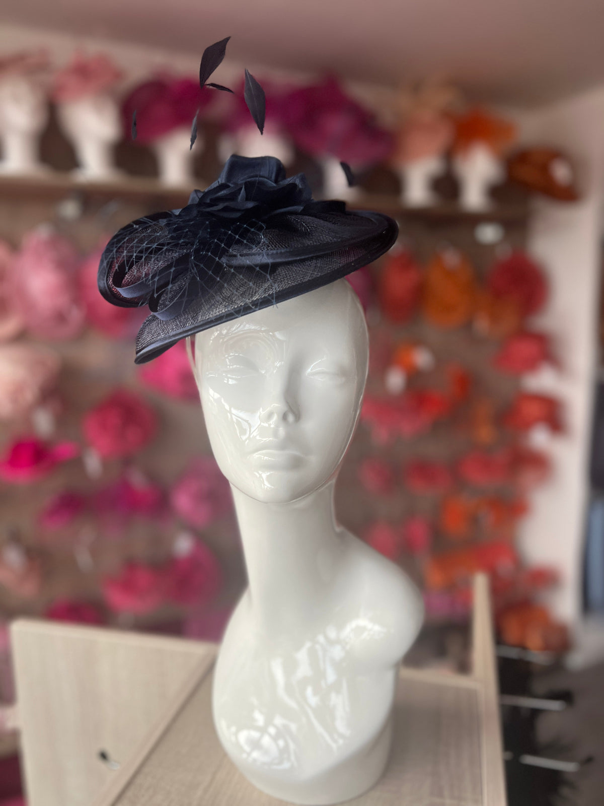 Navy Disc Fascinator with Fabric Rose &amp; Netting-Fascinators Direct