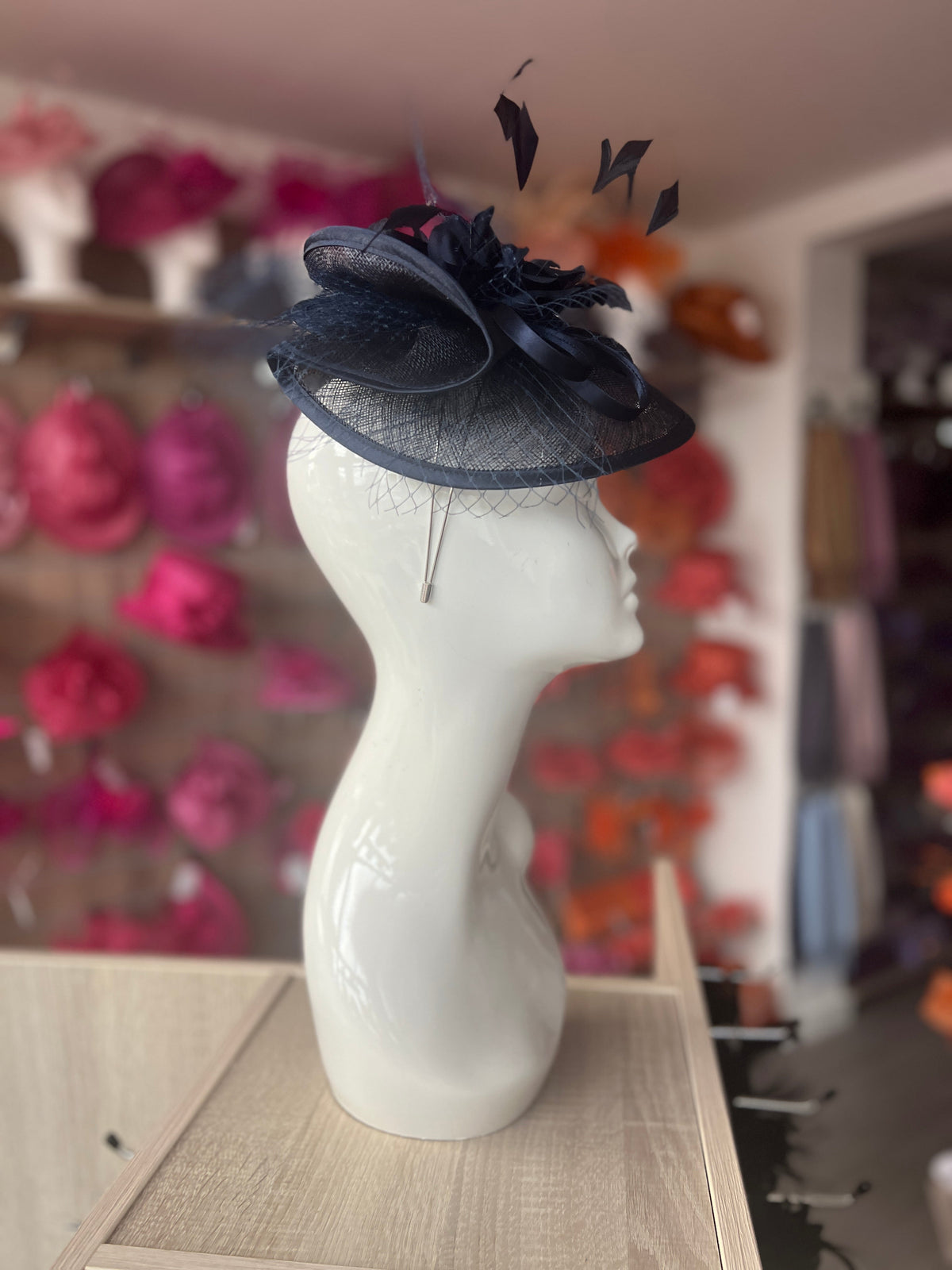 Navy Disc Fascinator with Fabric Rose &amp; Netting-Fascinators Direct
